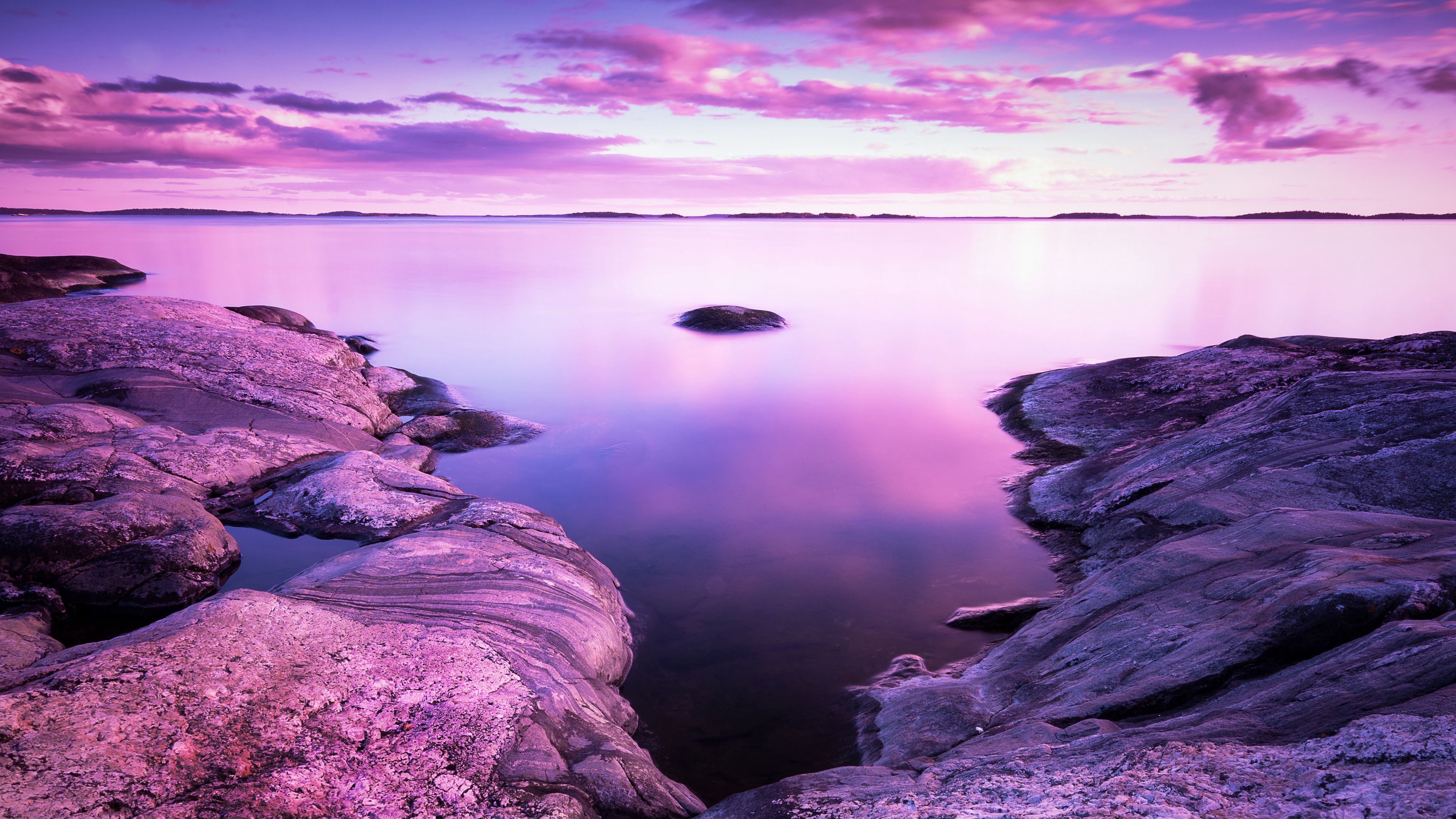 Wallpaper / lake, stones, landscape, shore, clouds, purple, 4k free download