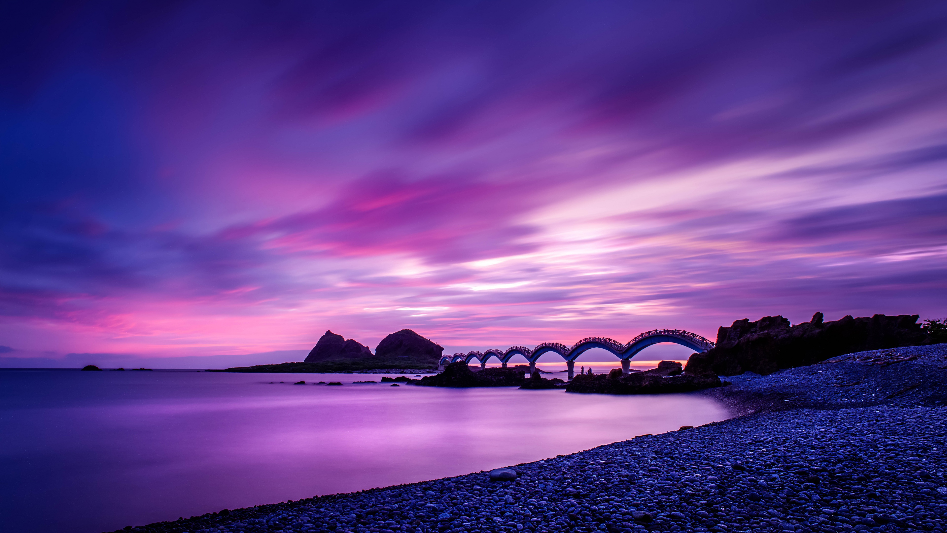 Sanxiantai Bridge Wallpaper 4K, Taiwan, Landscape, Dawn