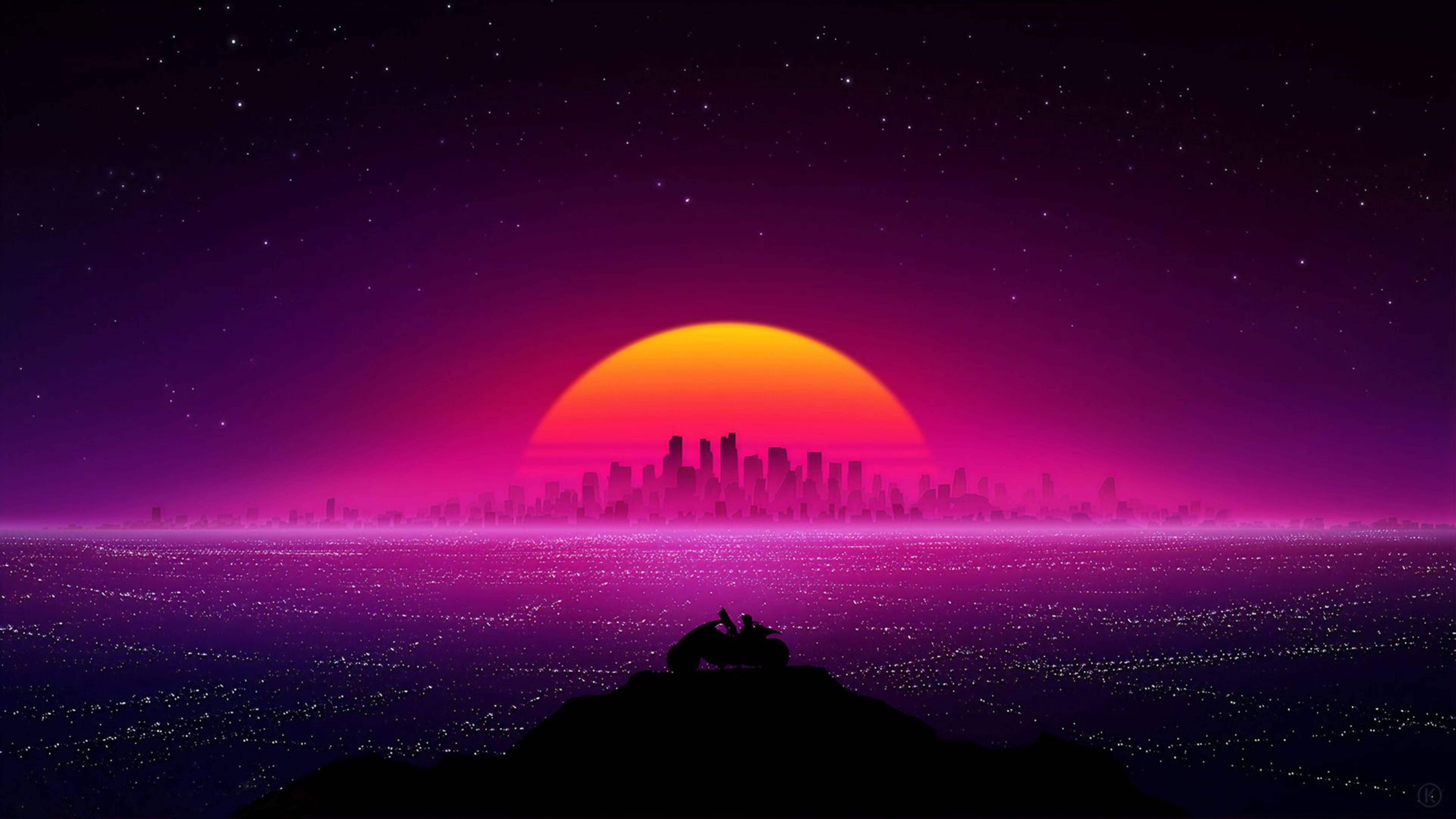 Download Retrowave City Landscape 4K Wallpaper