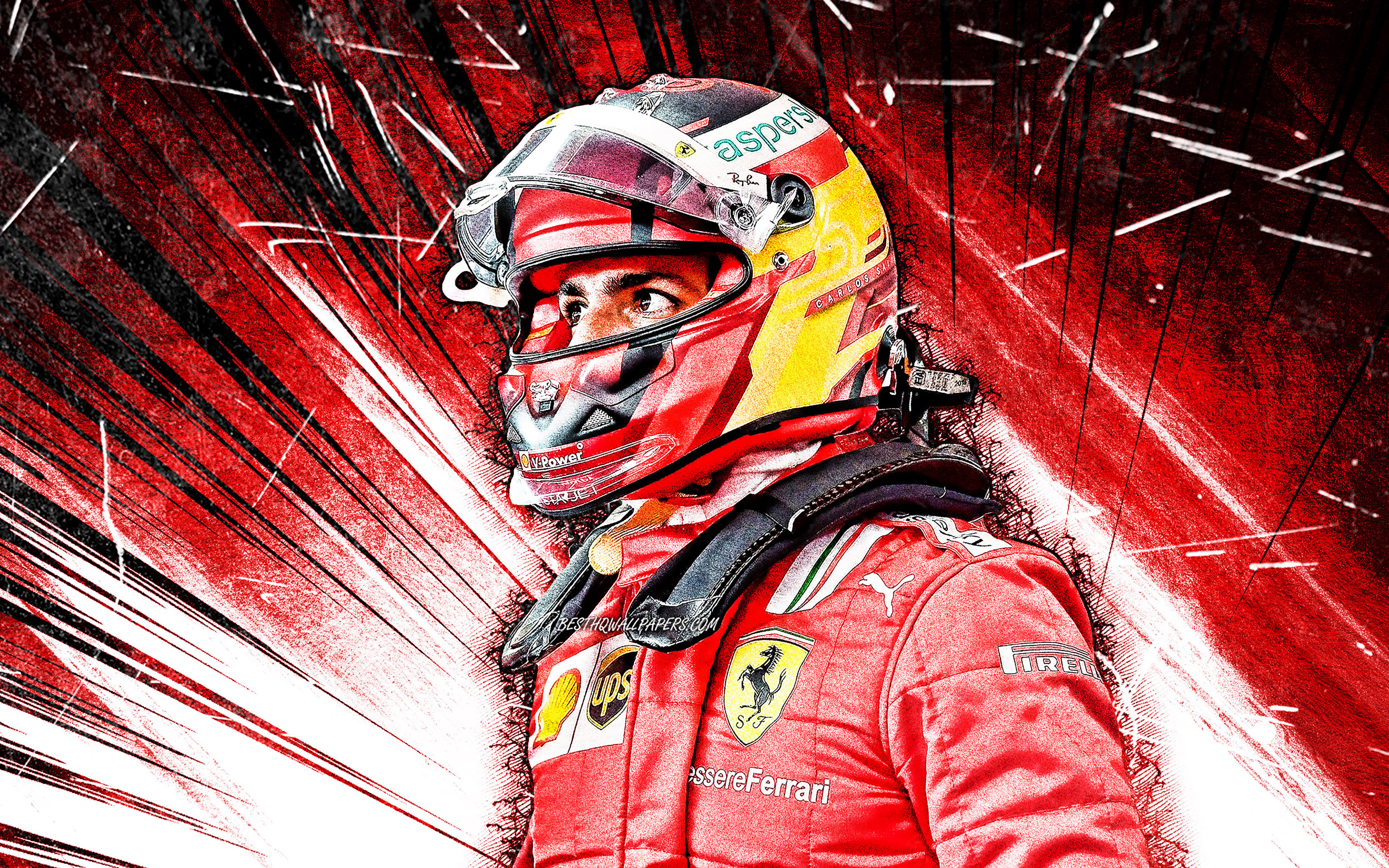 Download Wallpaper 4k, Carlos Sainz, Grunge Art, Scuderia Ferrari, Spanish Racing Drivers, Red Abstract Rays, Carlos Sainz Vazquez De Castro, Formula 1, F1 2021, F1, Ferrari, Carlos Sainz Ferrari, Carlos Sainz 4K For