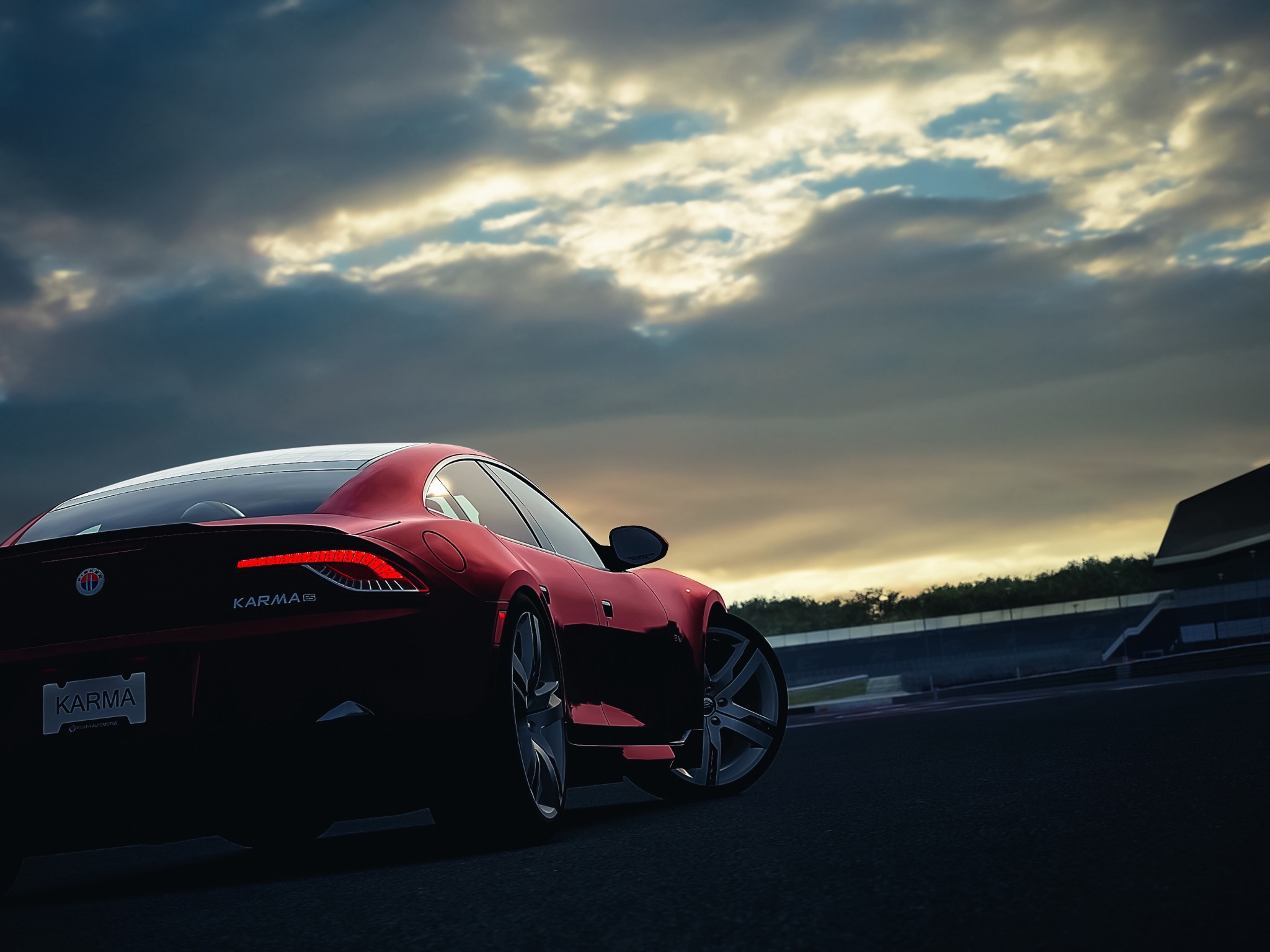Wallpaper 4k fisker, karma, car, sunset, night, sky, red 4k Wallpaper