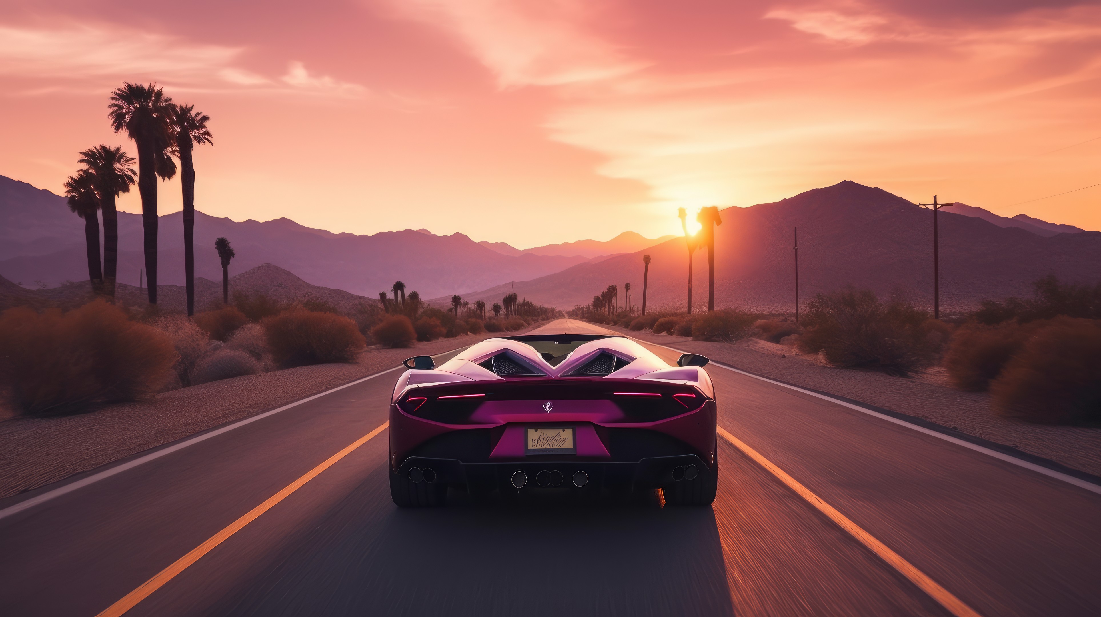 Wallpaper, ai art, synthwave, sports car, driving, sunset, desert 3854x2160