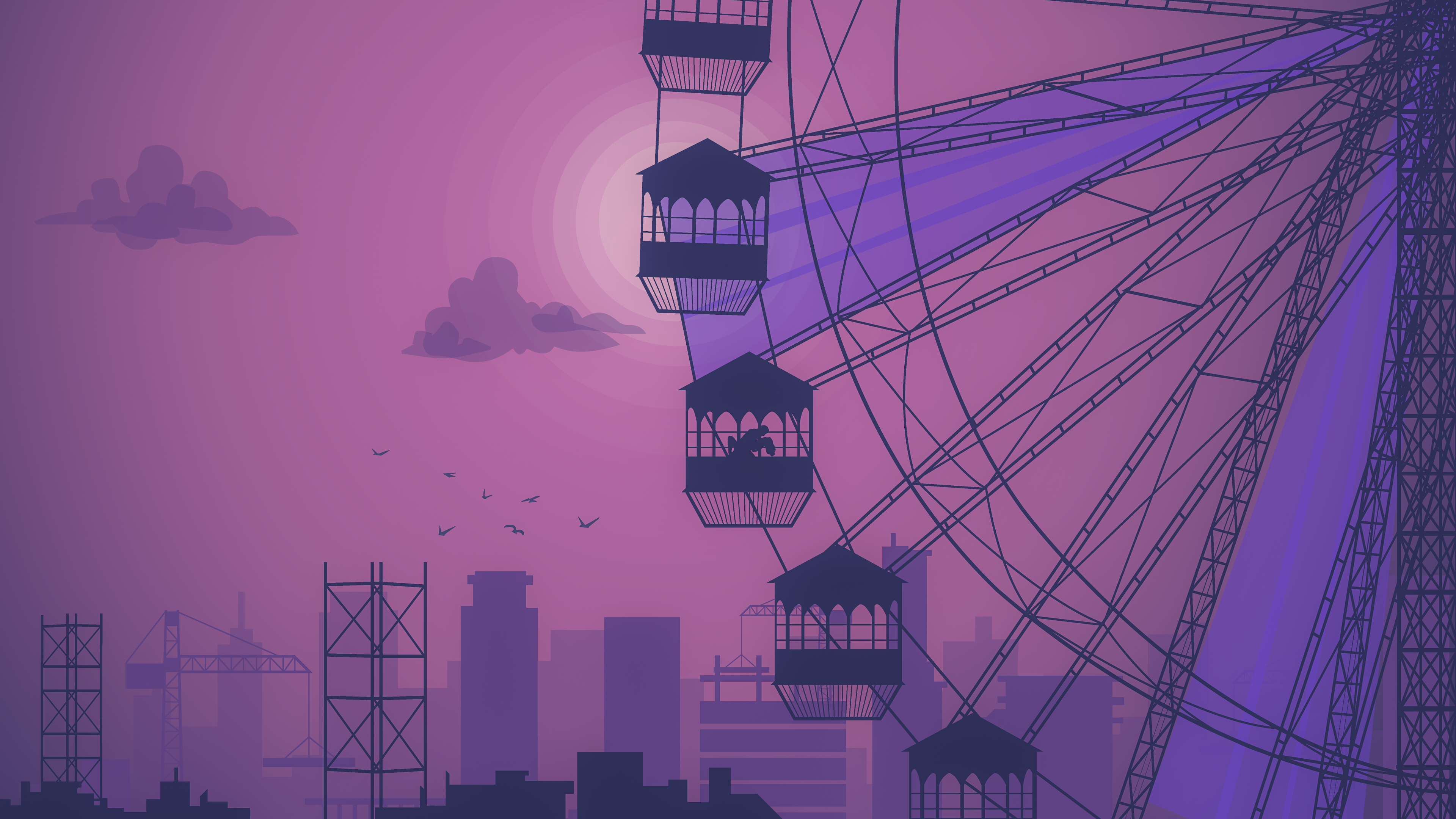 4K, purple, birds, sunset, sky, cityscape, artwork, illustration, animals, ferris wheel, silhouette, Carnival, pink background, city, purple background, Sun Gallery HD Wallpaper