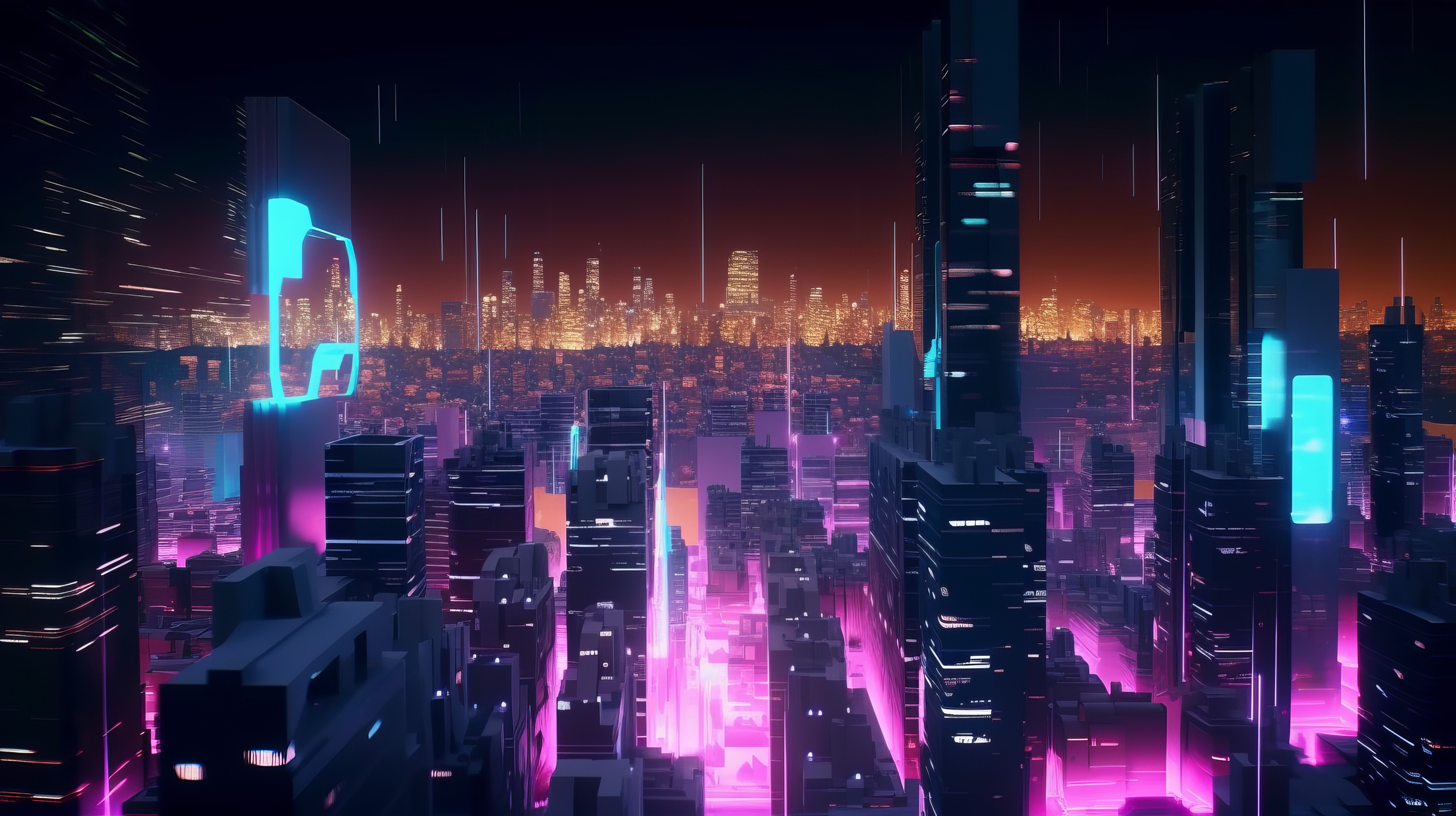 Ai Art City Skyline Cyberpunk Science Fiction Purple City Lights Cityscape Building Wallpaper:3854x2160