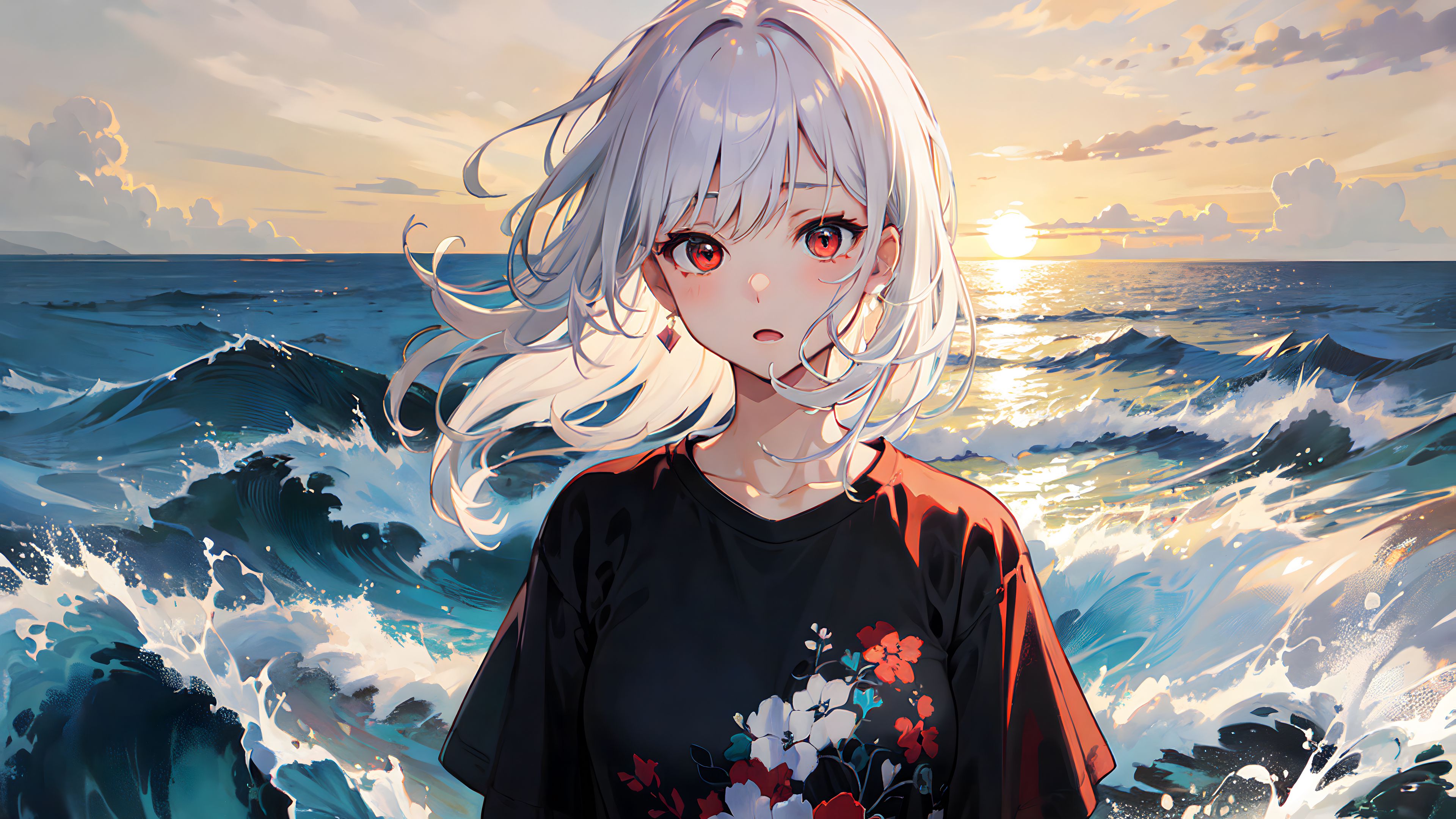 Download wallpaper 3840x2160 girl, wind, sea, waves, anime 4k uhd 16:9 HD background