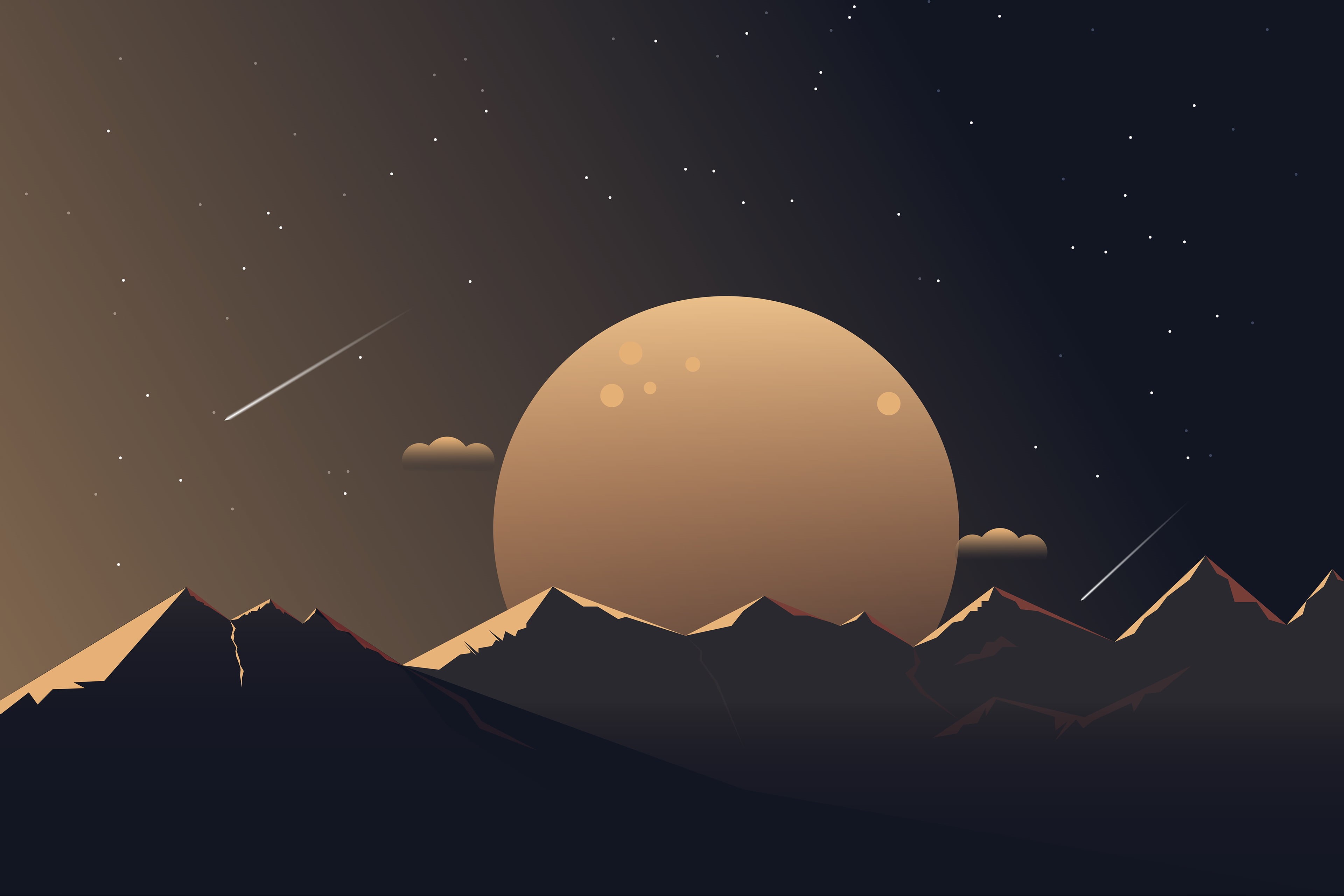 Wallpaper / illustration, comet, sunrise, mountains, moonlight, dark, stars, digital, dusk, minimalism, Moon, artwork, nature, 4K, landscape, digital art, night, sunset free download