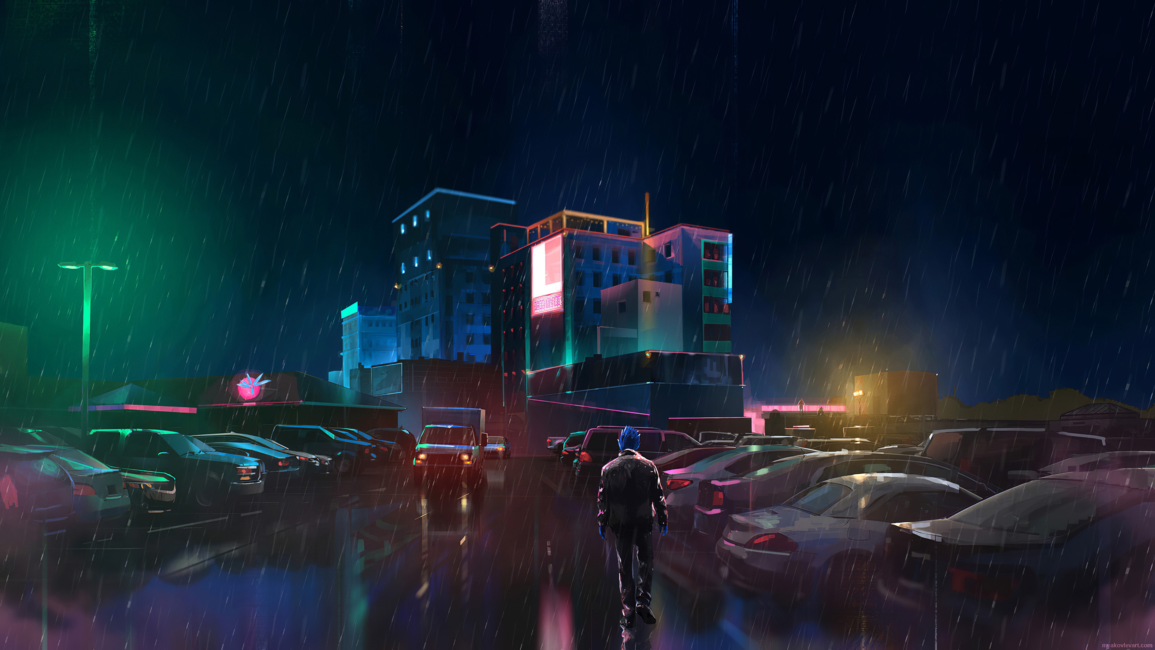 Wallpaper / neon, rain, alone, artist, artwork, digital art, hd, 4k, artstation free download
