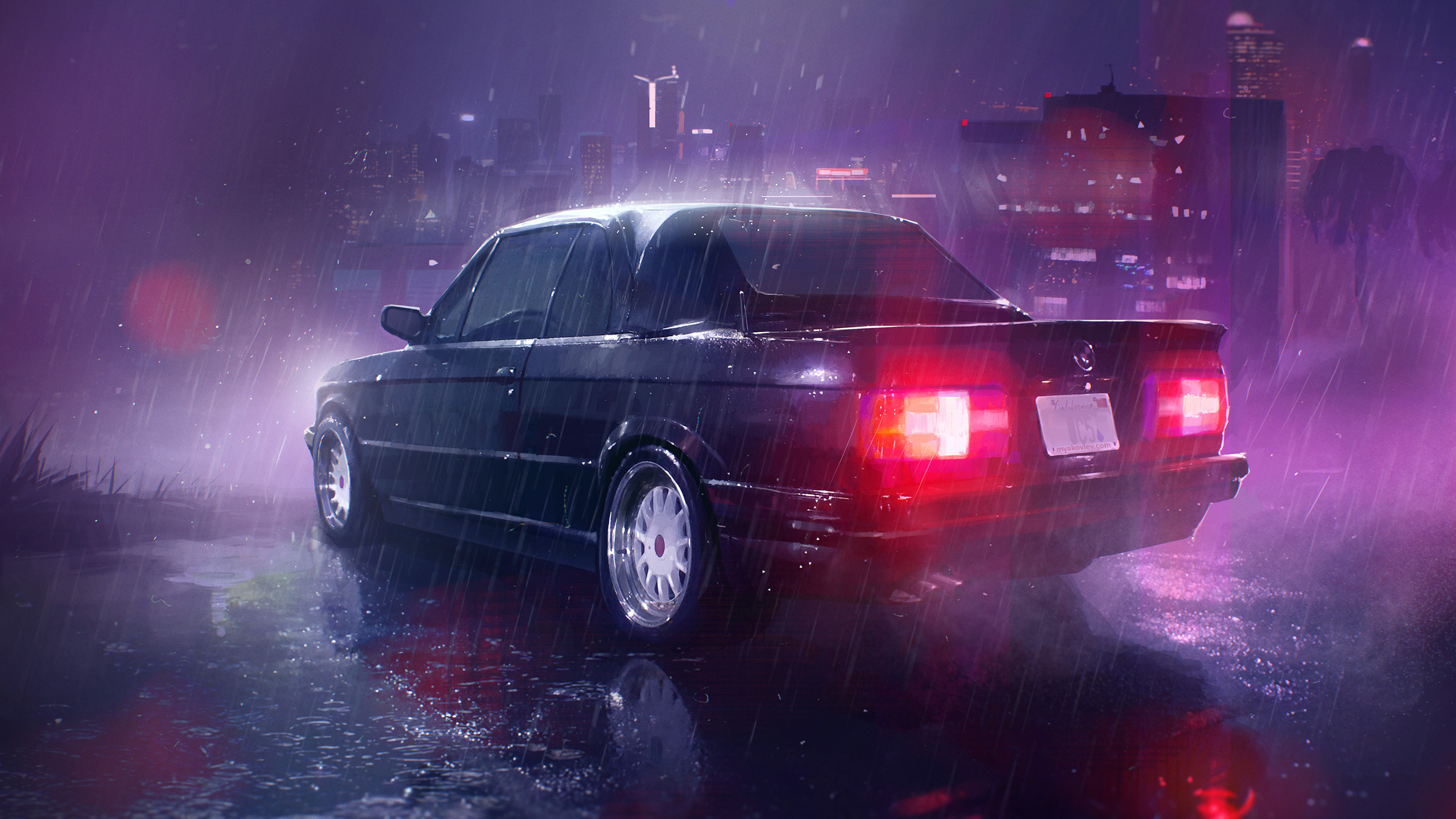 Download wallpaper 2560x1440 rain, neon lights, taillight, car, art, dual wide 16:9 2560x1440 HD background, 2522