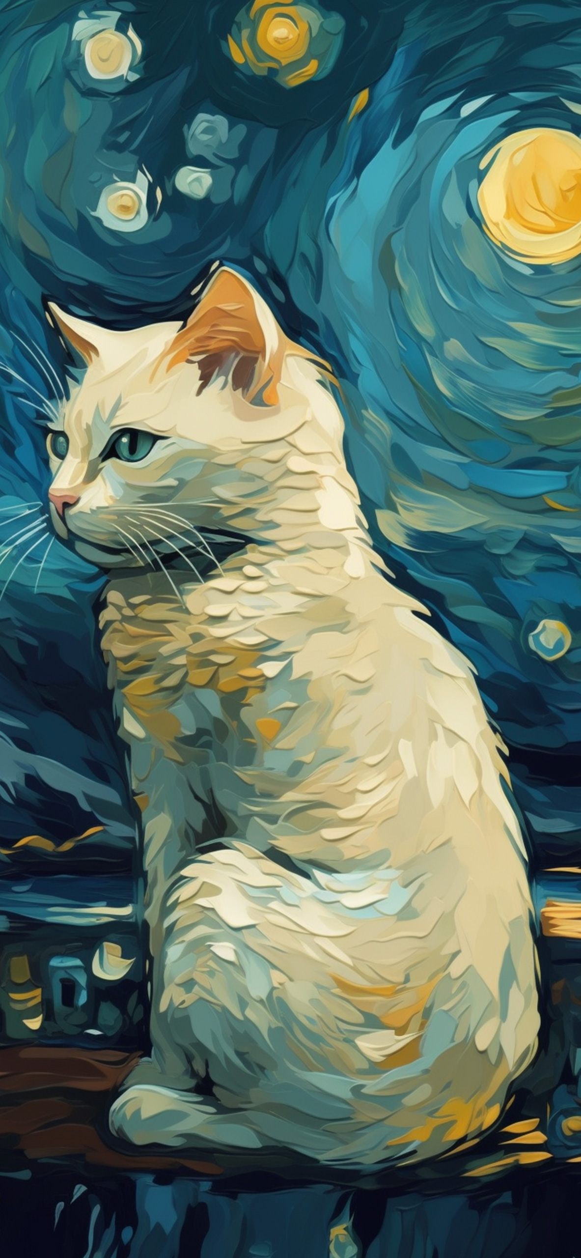 White Cat in Van Gogh Style Wallpaper