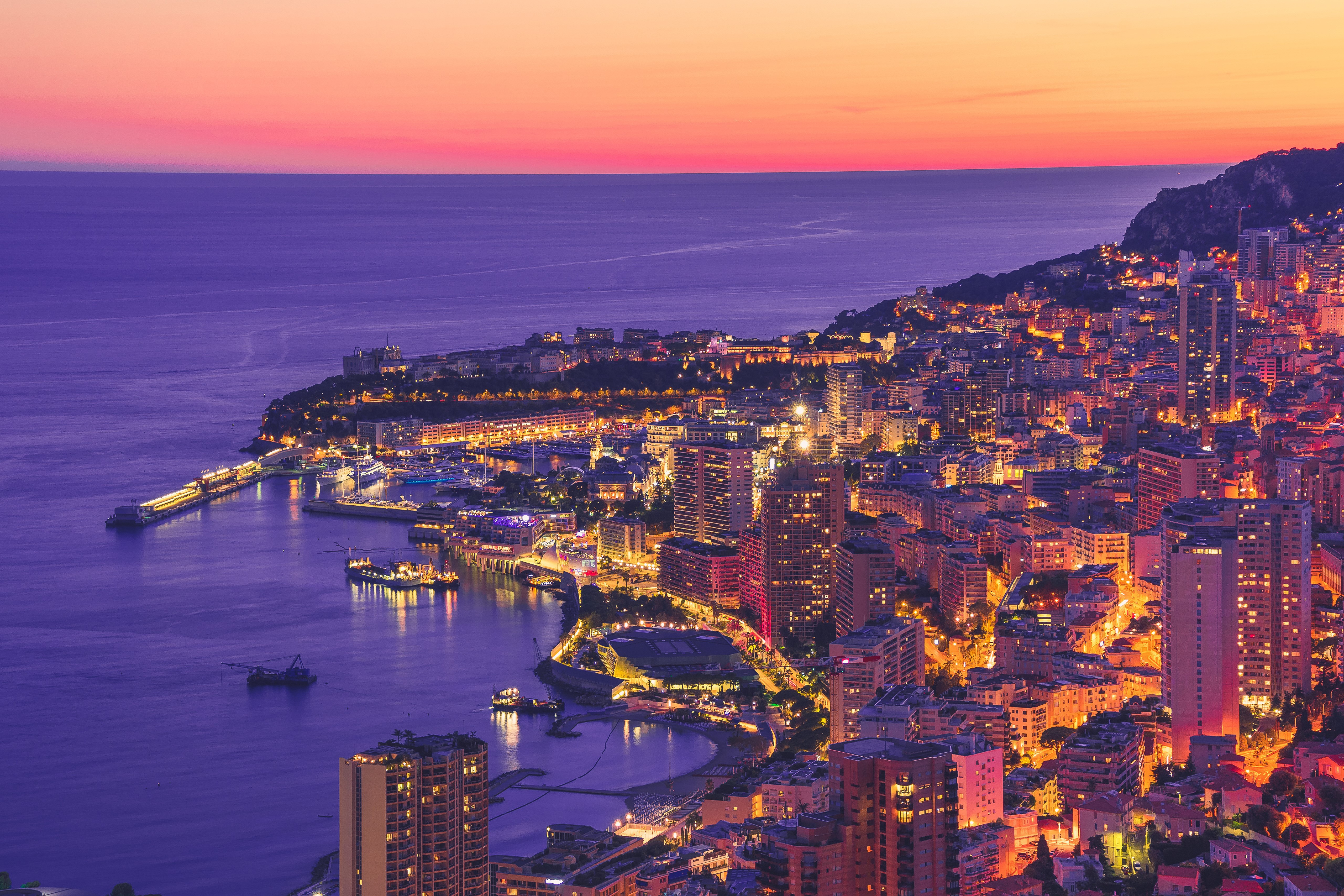 4K, 5K, Monaco, Monte Carlo, Sunrises and sunsets, Coast, Evening, Houses, From above Gallery HD Wallpaper