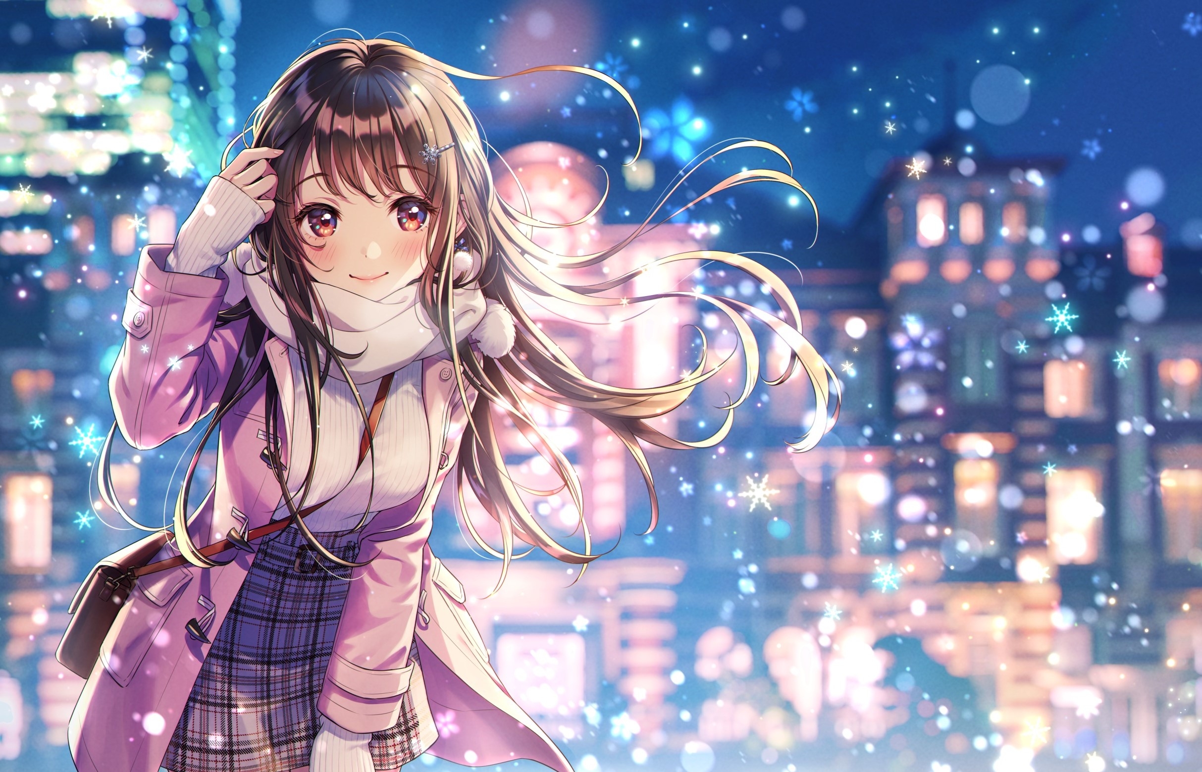 Download 1125x2436 Beautiful Anime Girl, Coat, Smiling, Winter, Snowflakes, Buildings Wallpaper for iPhone 11 Pro & X