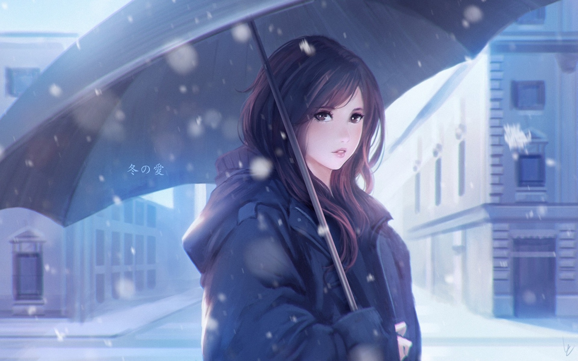 Winter Love Girl Umbrella Anime Character HD Wallpaper