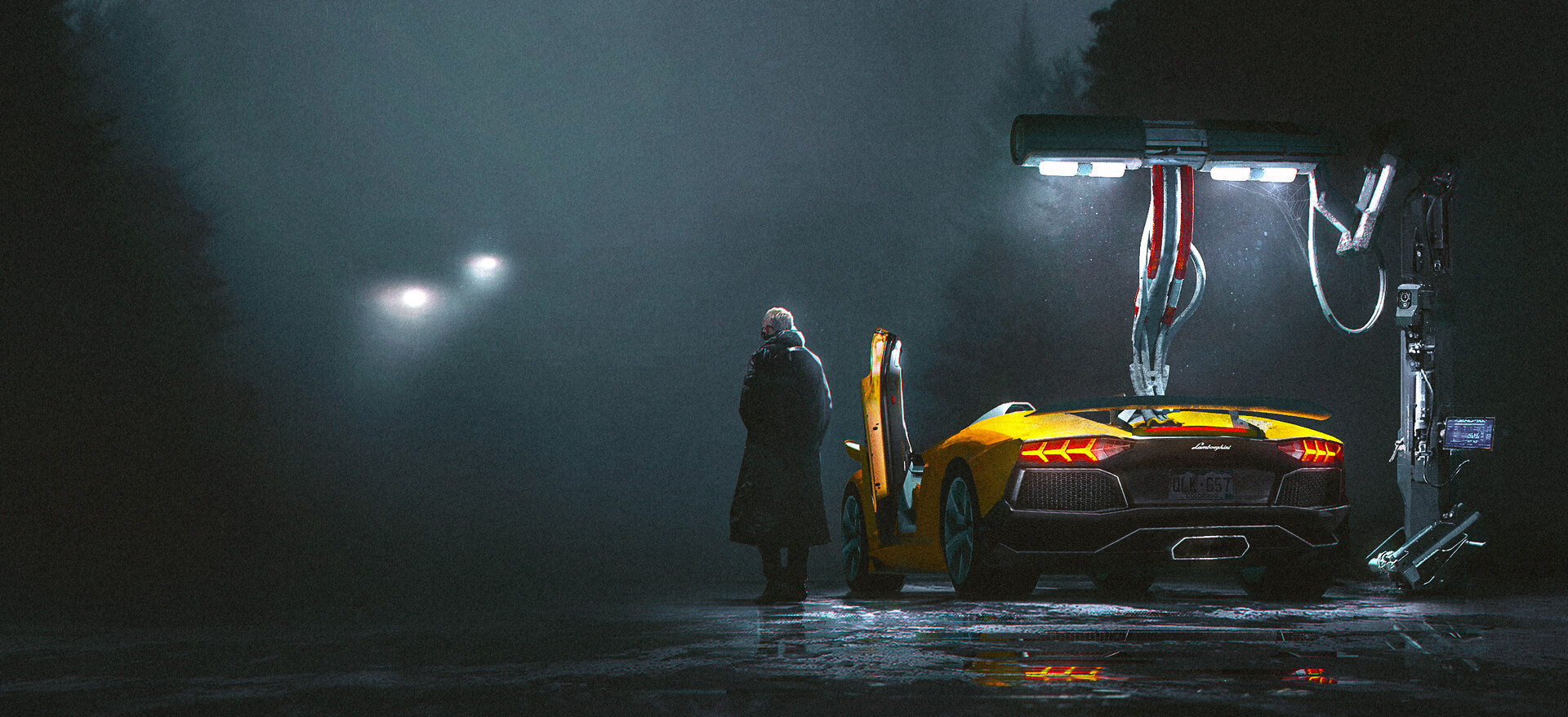 Wallpaper, artwork, digital art, futuristic, car, night, Lamborghini Aventador 1920x879
