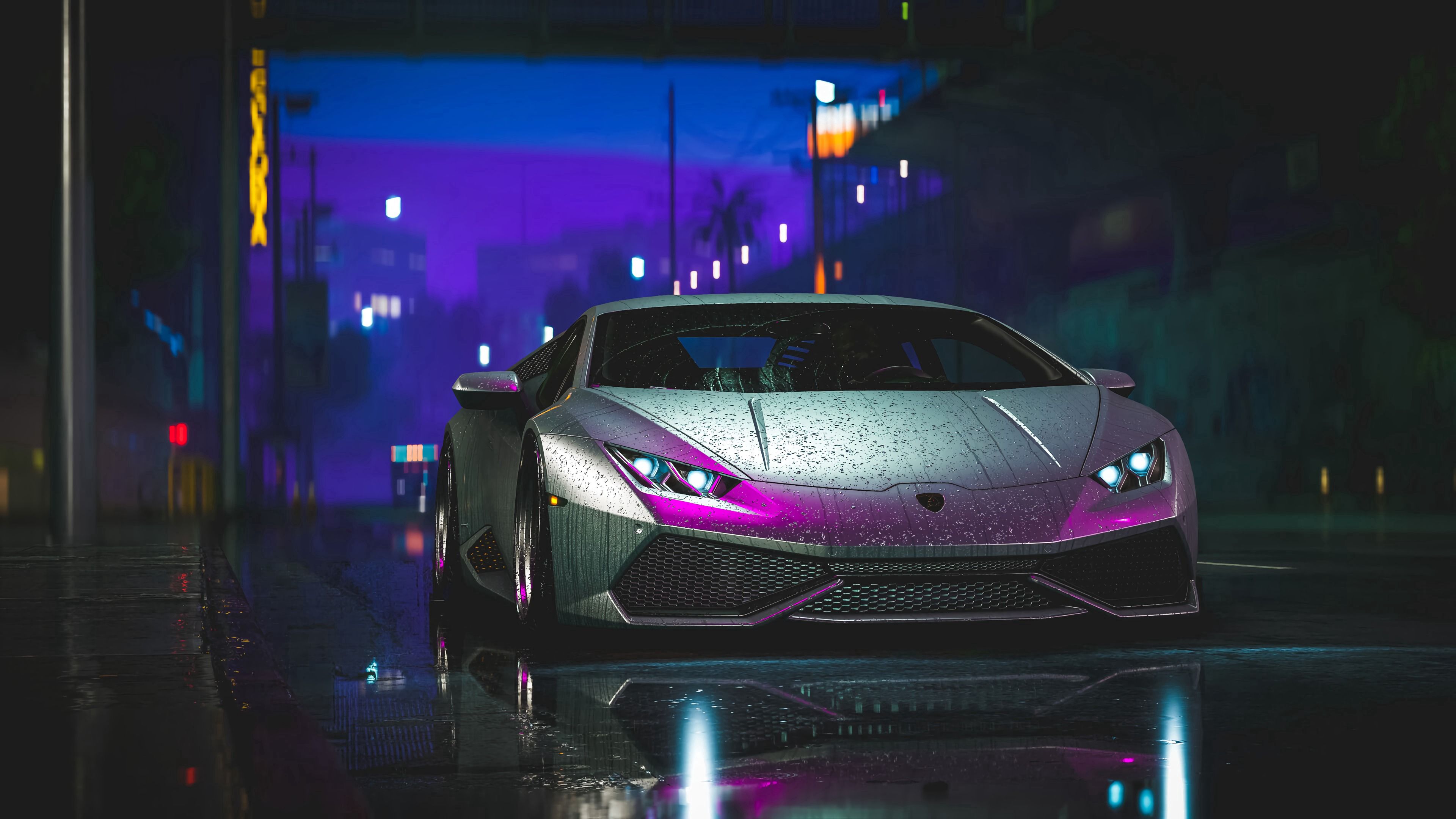 Wallpaper / lamborghini aventador, lamborghini, car, sports car, gray, wet, street, night, 4k free download
