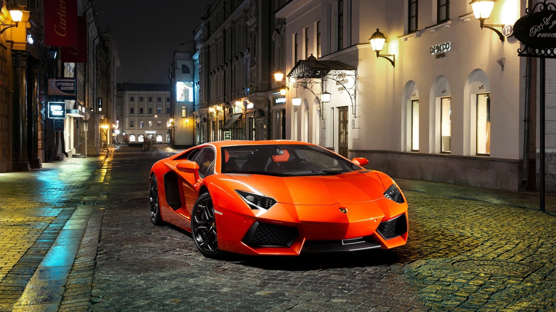 Orange Lamborghini evening on an empty street Desktop wallpaper 1280x720