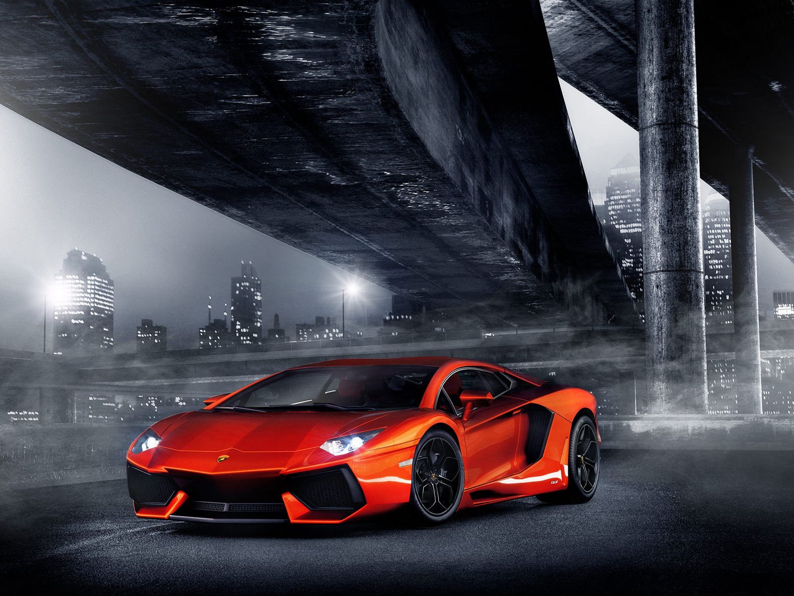 Download wallpaper 1600x1200 night, lights, aventador, columns, bridge, lamborghini, orange, city standard 4:3 HD background