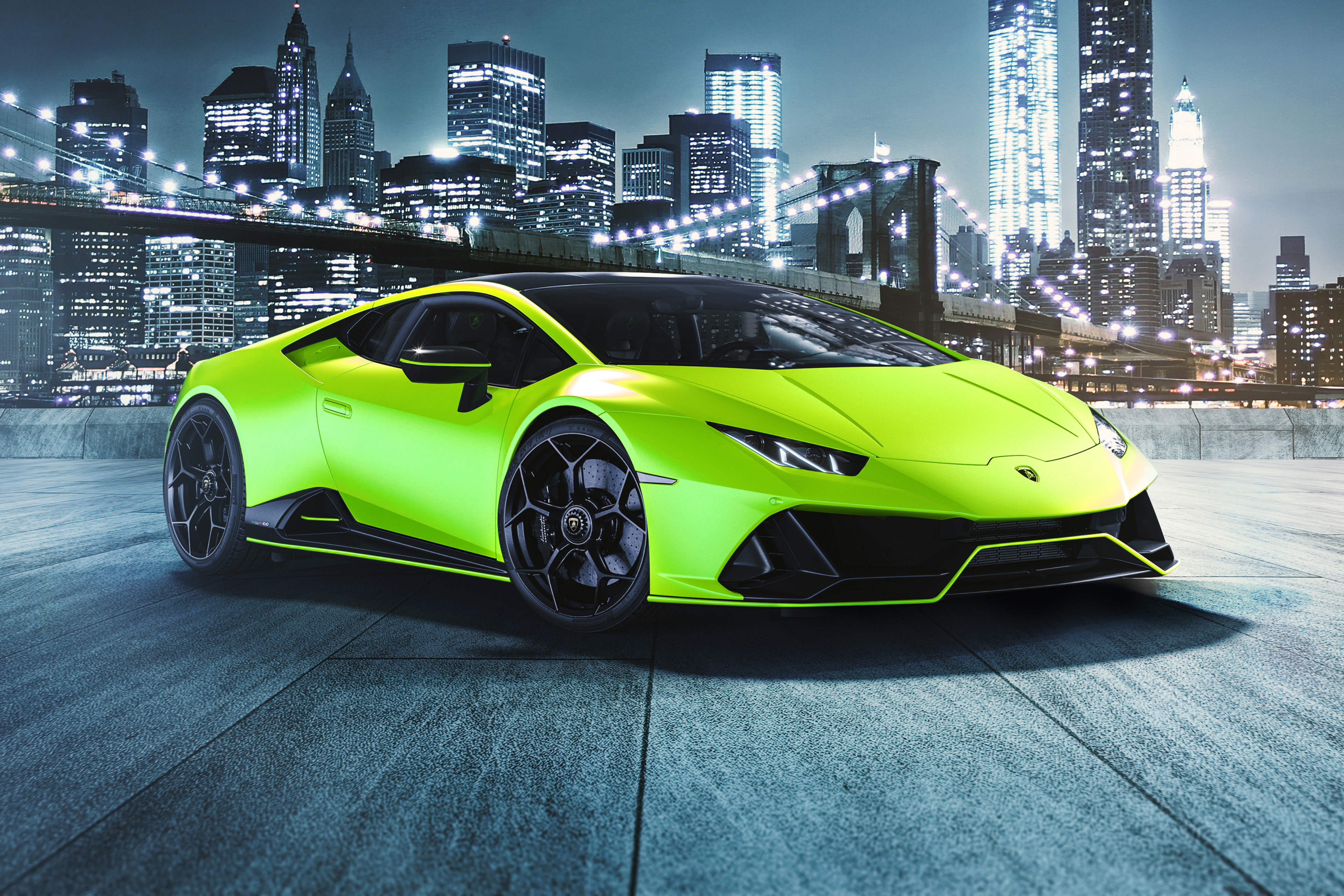 Lamborghini Huracan EVO Fluo Capsule Wallpaper 4K, Brooklyn Bridge, Night