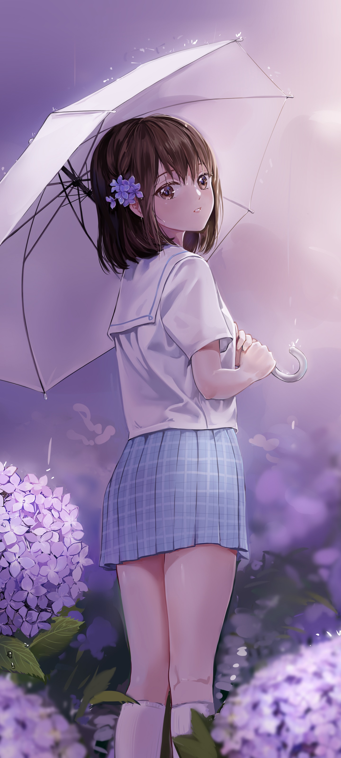 Wallpaper / Anime Girl Phone Wallpaper, Hydrangea, Purple Eyes, Umbrella, Purple Flower, Brown Hair, 1440x3200 free download