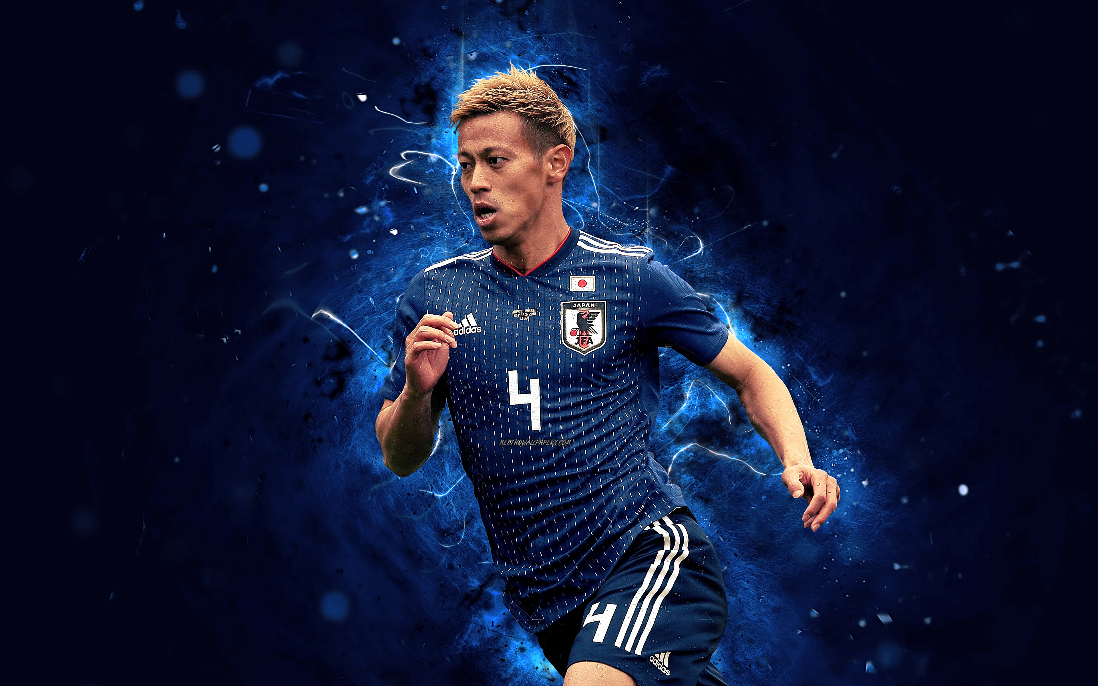 Download wallpaper Keisuke Honda, 4k, abstract art, Japan National Team, fan art, Honda, soccer, footballers, neon lights, Japanese football team for desktop with resolution 3840x2400. High Quality HD picture wallpaper