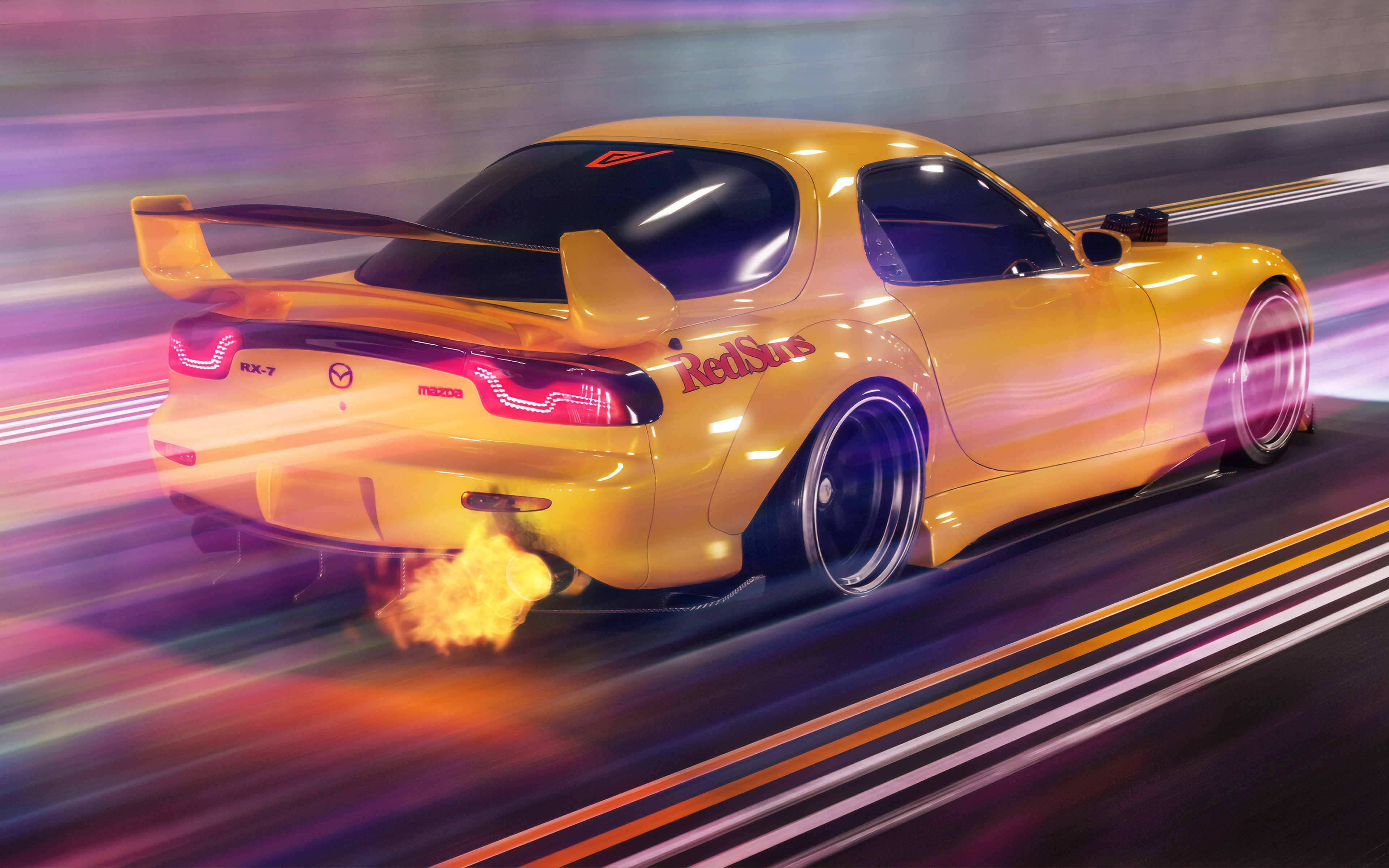 Download Wallpaper Mazda RX 7, 4k, Sportscars, Traffic Lights, Yellow Mazda RX 7, Japanese Cars, Mazda For Desktop With Resolution 3840x2400. High Quality HD Picture Wallpaper