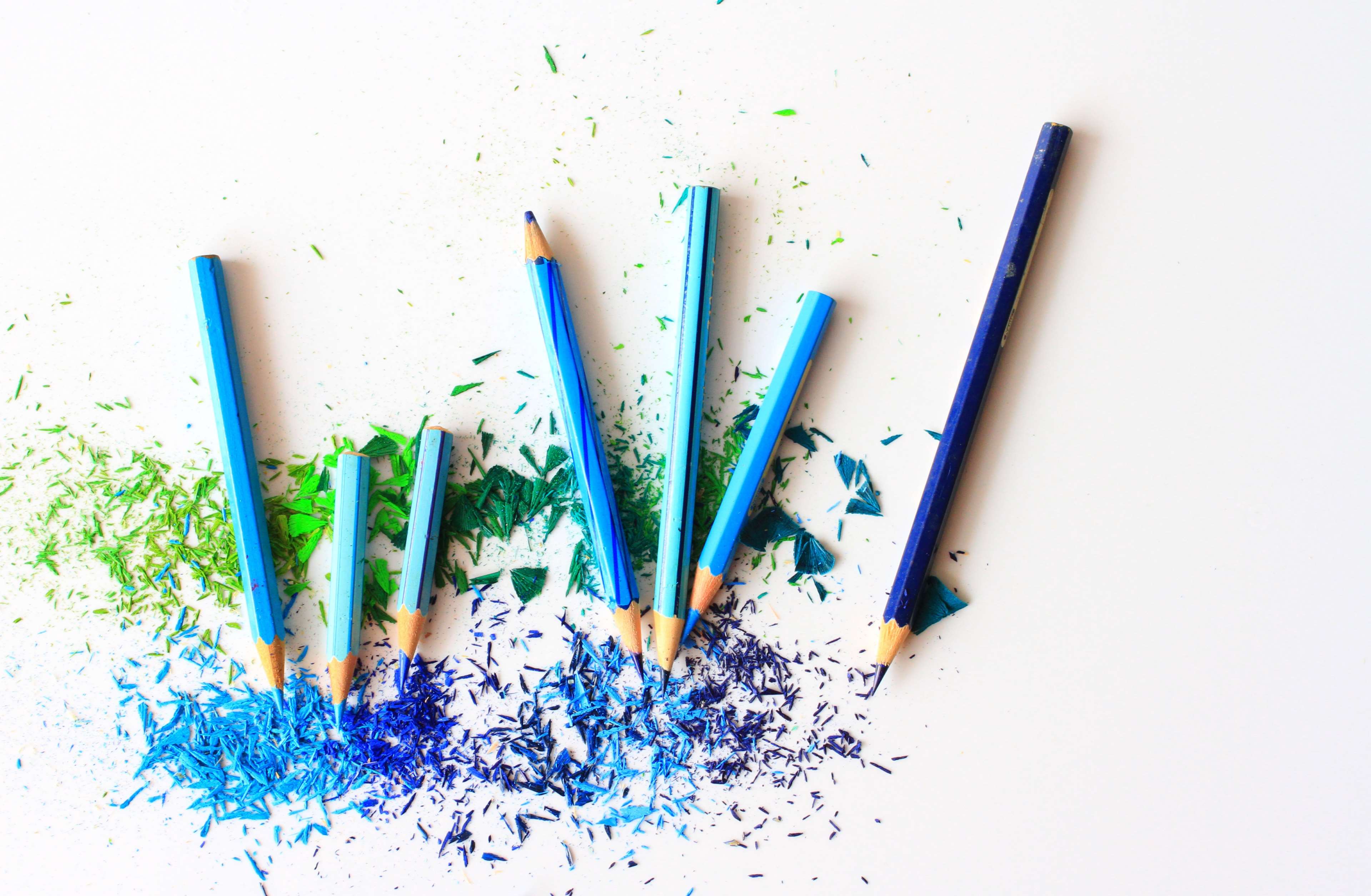 art, artistic, blue, color, colored pencils, coloring, colour, composition, craft, crayon, creative, creativity, draw, green, group, palette, paper, pencil, row, shades, sharp, sharpened, shavings, spectrum, still life, 4k wallpaper