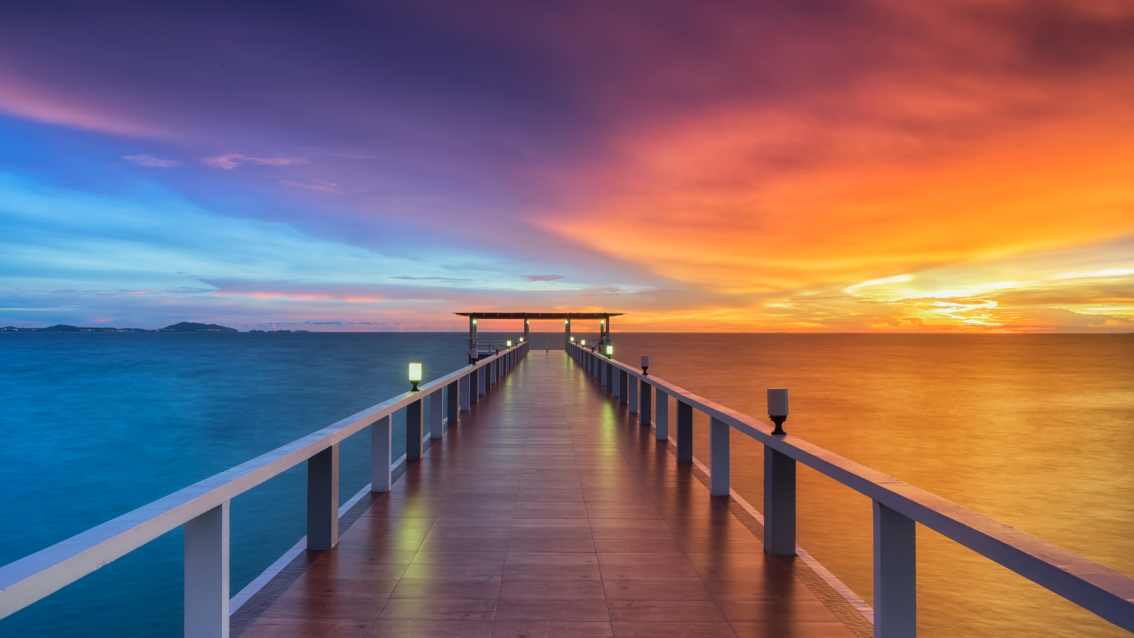 Wooden pier Wallpaper 4K, Aesthetic, Sunset, Horizon