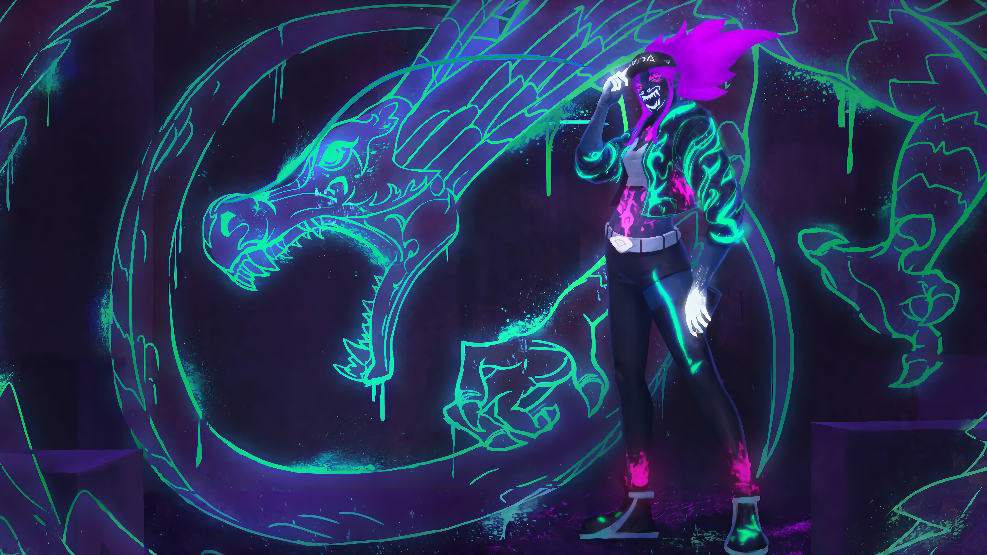Akali, Neon 4K, K DA, Neon, Dragon, Akali (League Of Legends) Gallery HD Wallpaper
