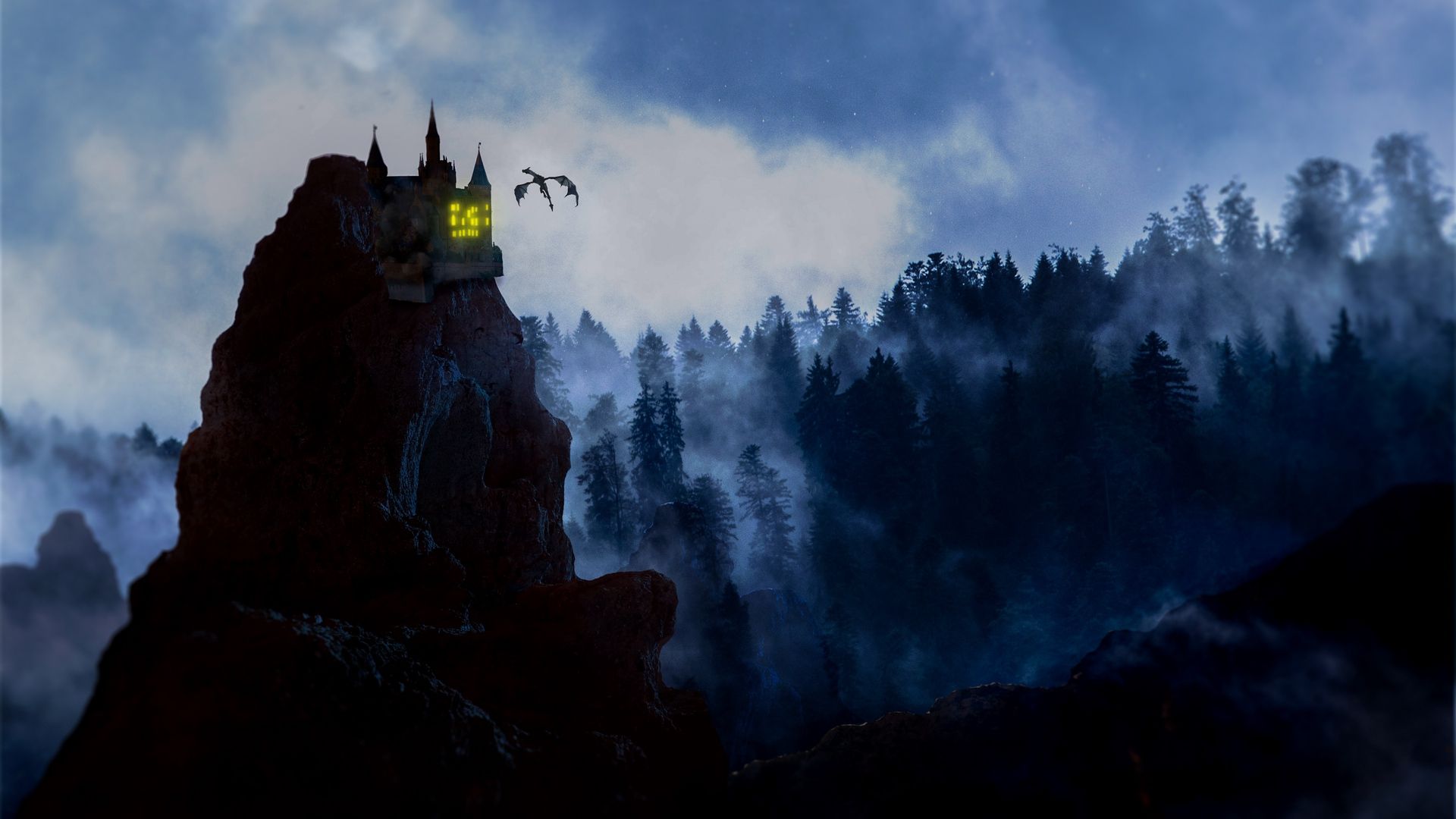 Wallpaper dragon castle rock forest fog. Castle, Wallpaper, Castle rock