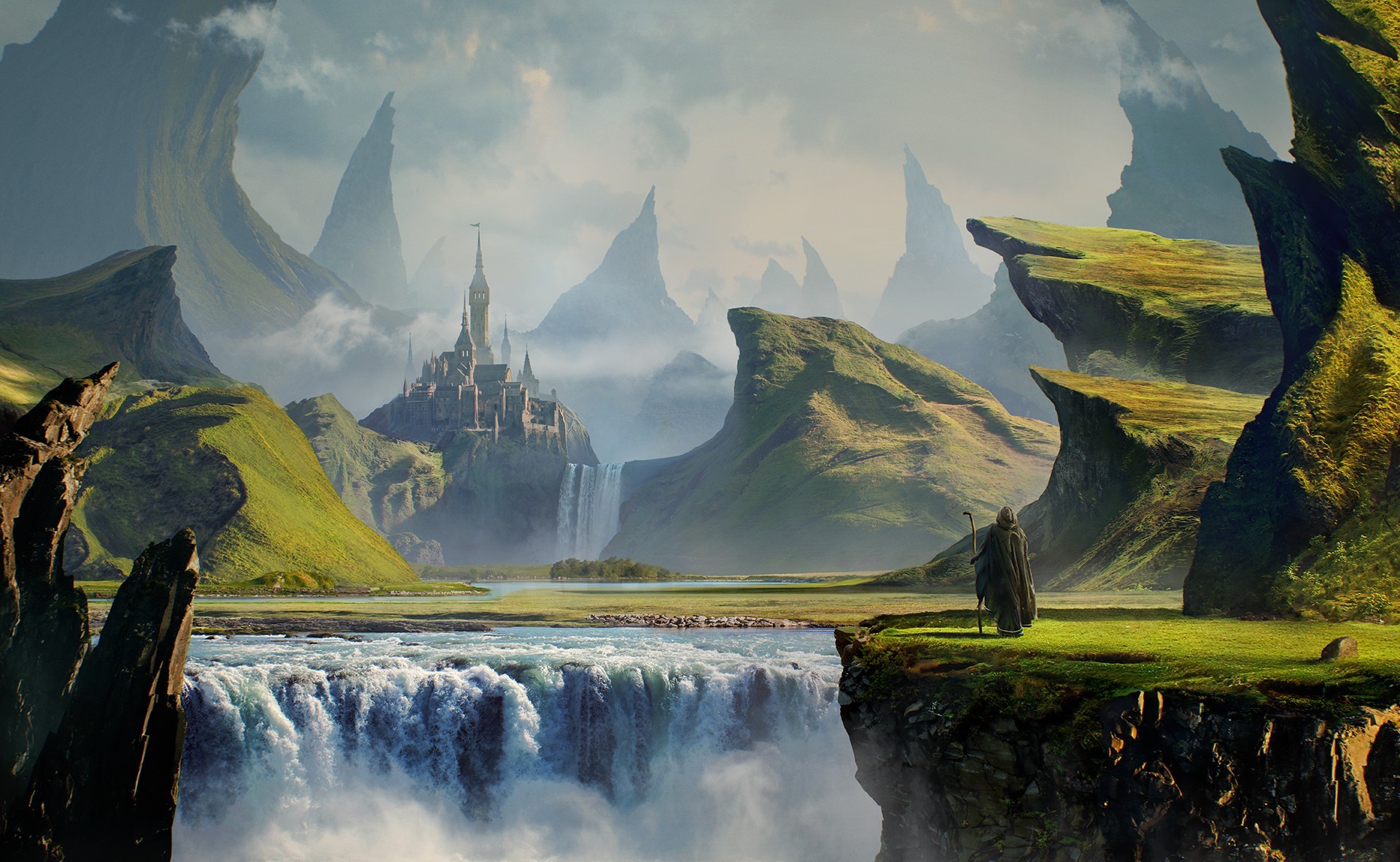 fantasy art digital art mountain waterfall nature castle rock men clouds wallpaper
