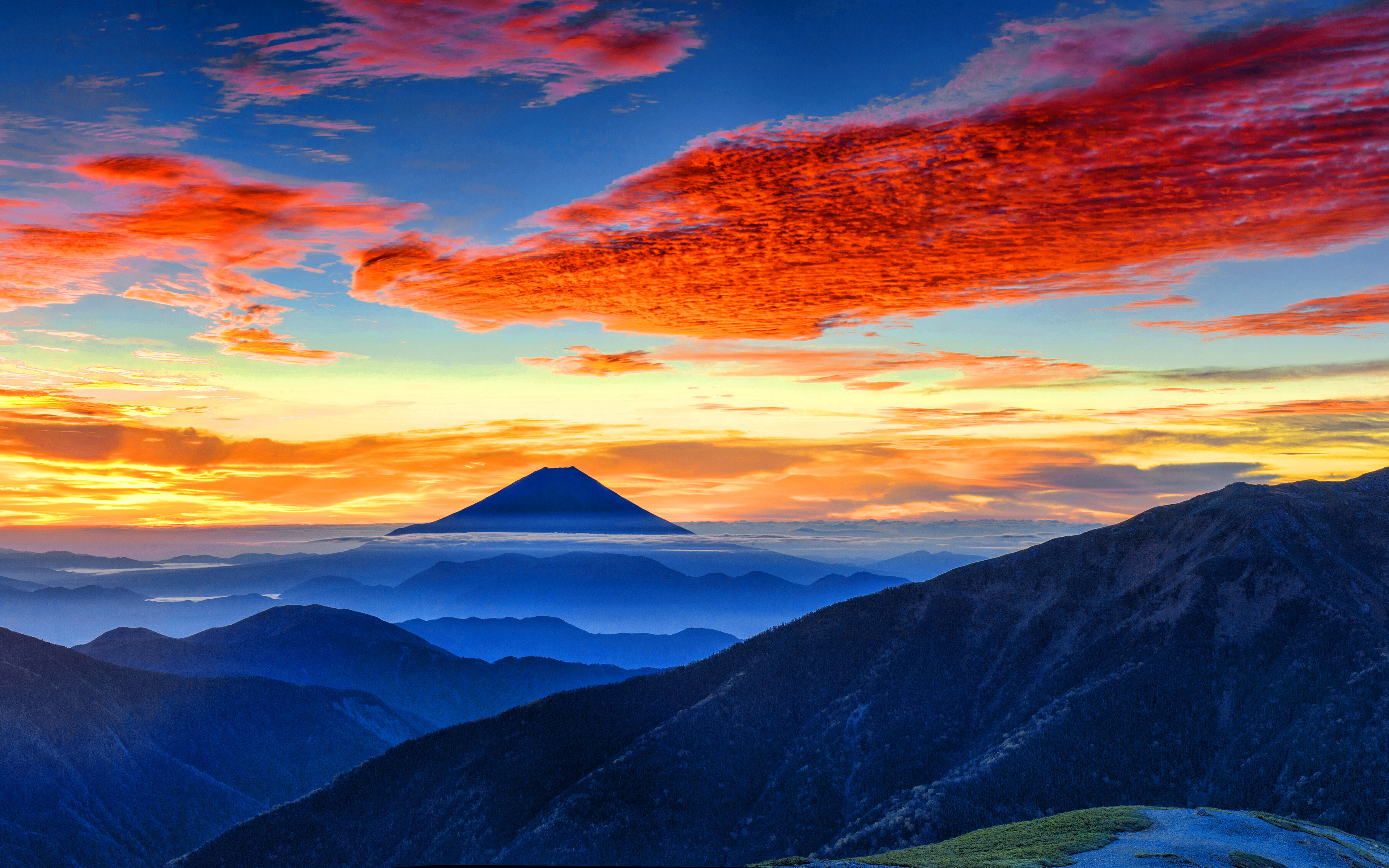 Download wallpaper Mount Fuji, 4k, Fujiyama, sunset, japanese landmarks, Asia, stratovolcano, Japan for desktop with resolution 3840x2400. High Quality HD picture wallpaper
