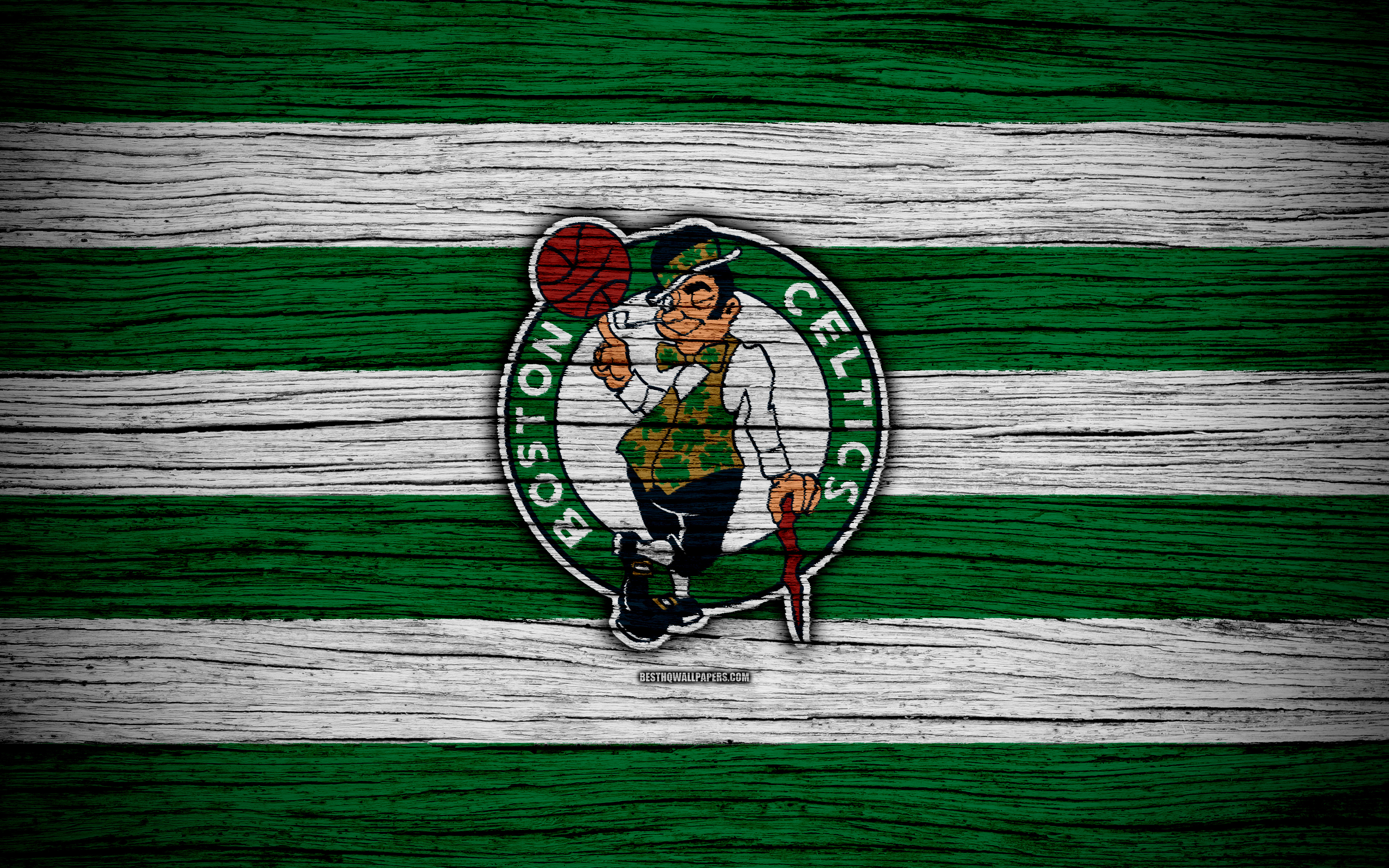 Download wallpaper 4k, Boston Celtics, NBA, wooden texture, basketball, Eastern Conference, USA, emblem, basketball club, Boston Celtics logo for desktop with resolution 3840x2400. High Quality HD picture wallpaper