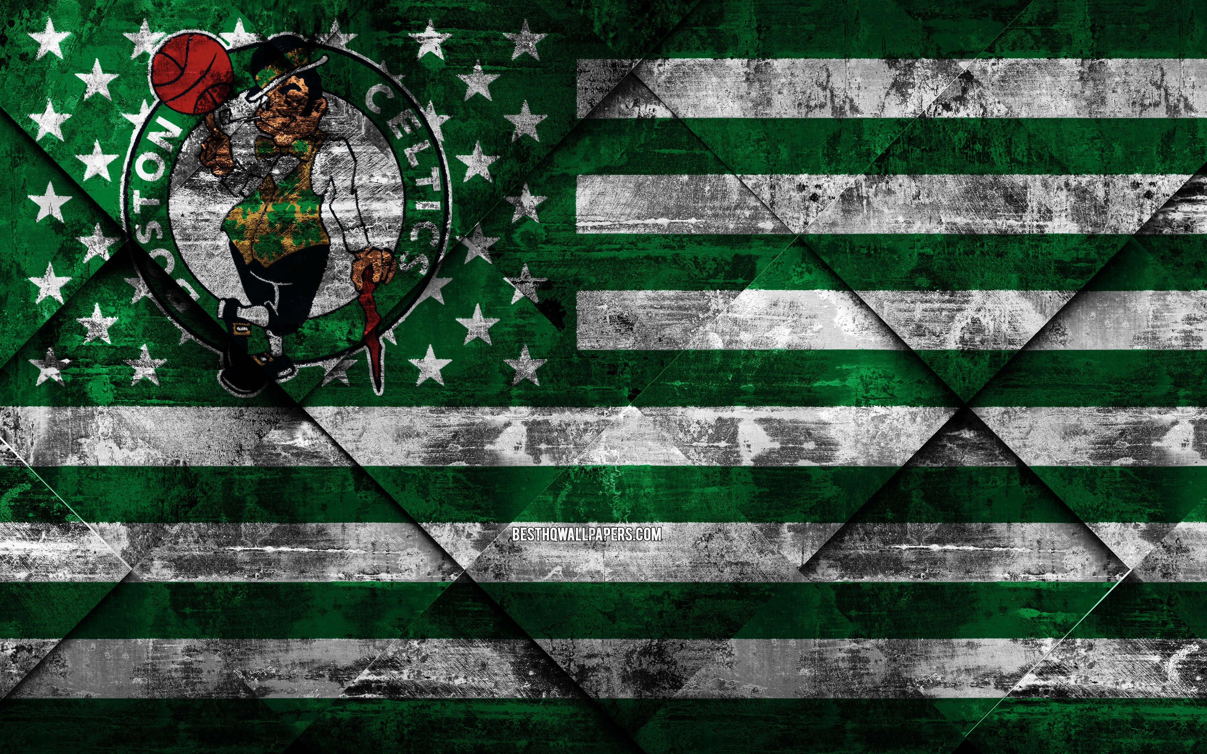 Download wallpaper Boston Celtics, 4k, American basketball club, grunge art, grunge texture, American flag, NBA, Boston, Massachusetts, USA, National Basketball Association, USA flag, basketball for desktop with resolution 3840x2400. High Quality HD