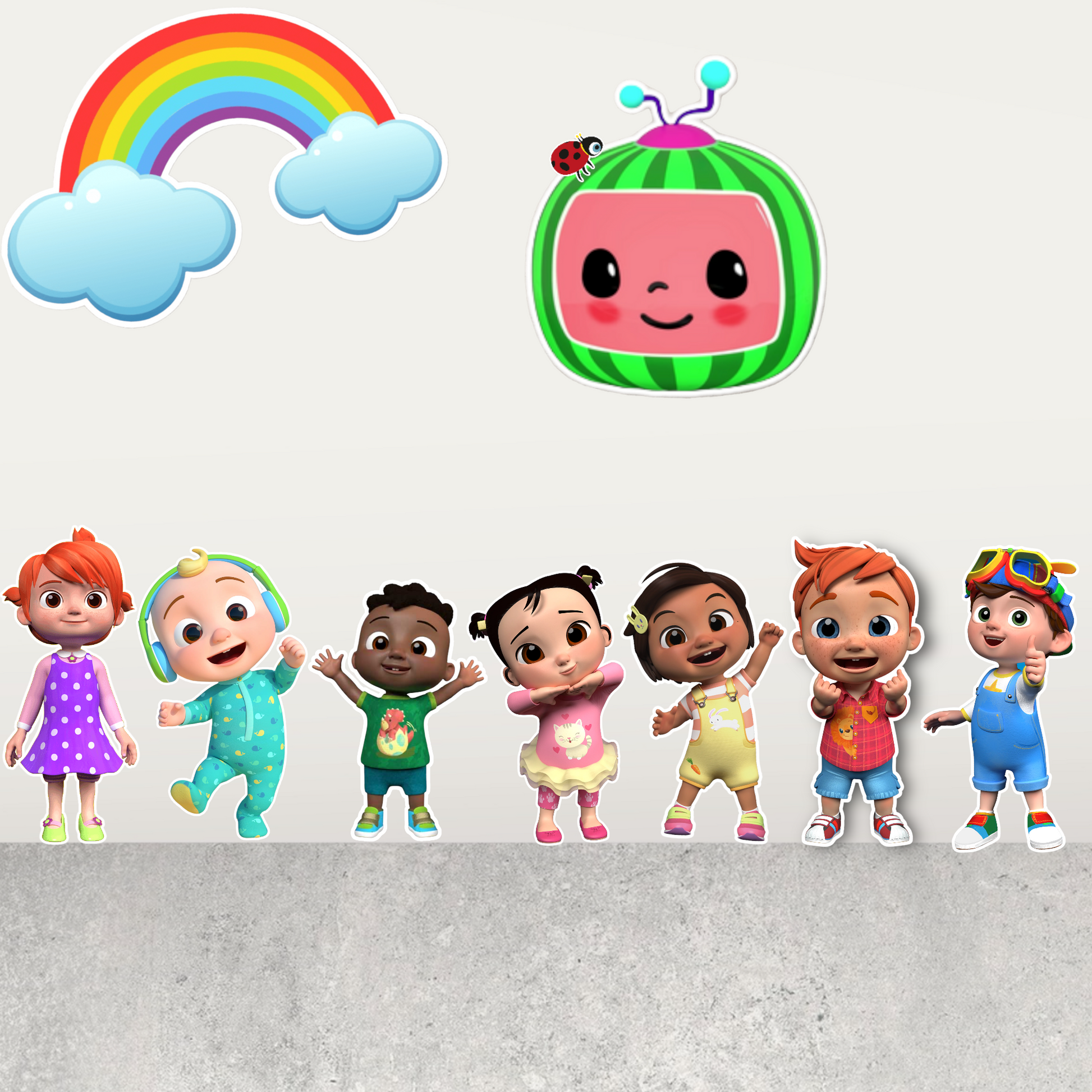 Set of 9 Cocomelon Birthday Character Cutouts, Backdrops, Centerpieces