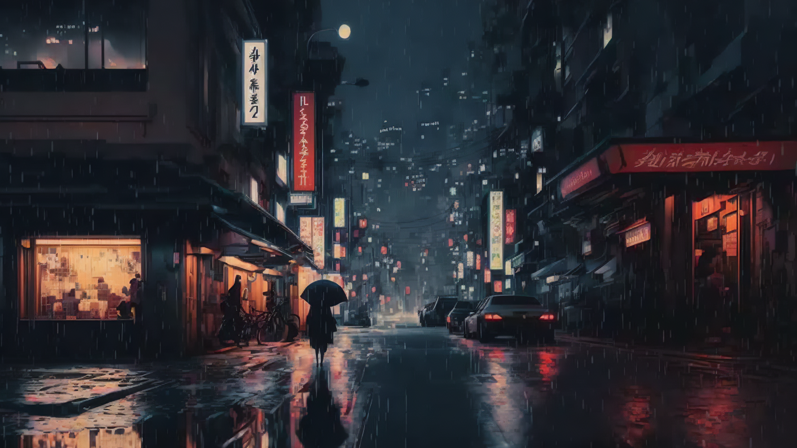 Ai Art Illustration Tokyo Night Rain Street Wallpaper:3072x1728
