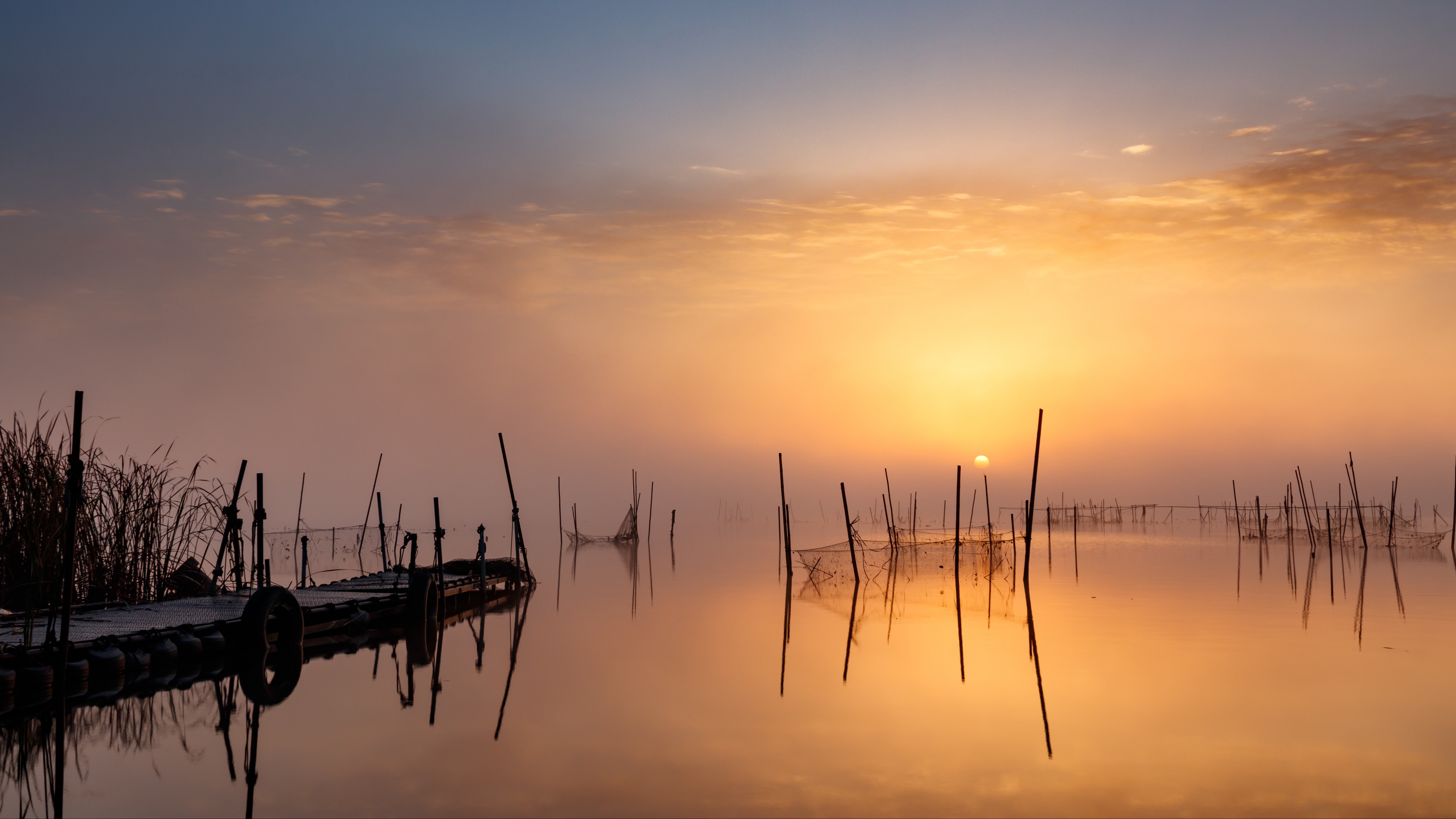 Wallpaper 4k pier, sunset, lake, fishing nets 4k Wallpaper