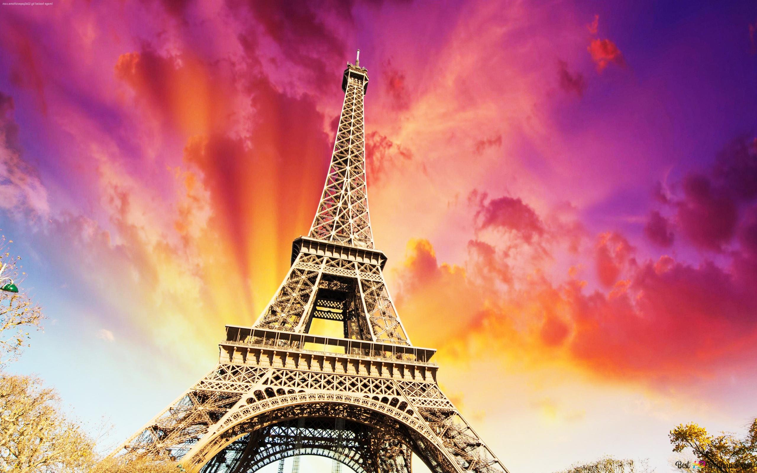 Eiffel Tower and Sunset 4K wallpaper download