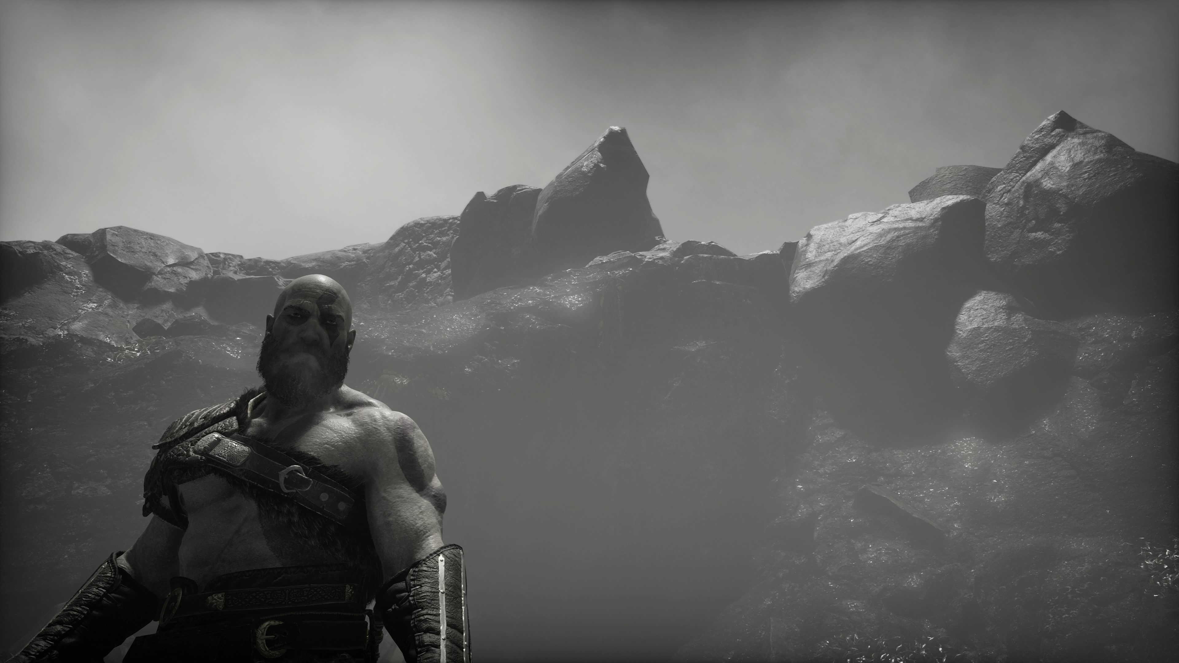 4K, screen shot, God of War, 2018 (Year), Kratos, video games, God of War, monochrome Gallery HD Wallpaper