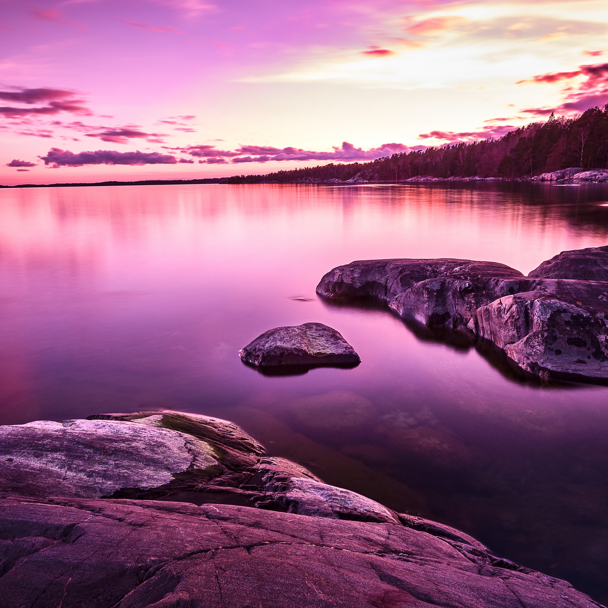 Sunset Wallpaper 4K, Lake, Purple, Pink sky, Scenery