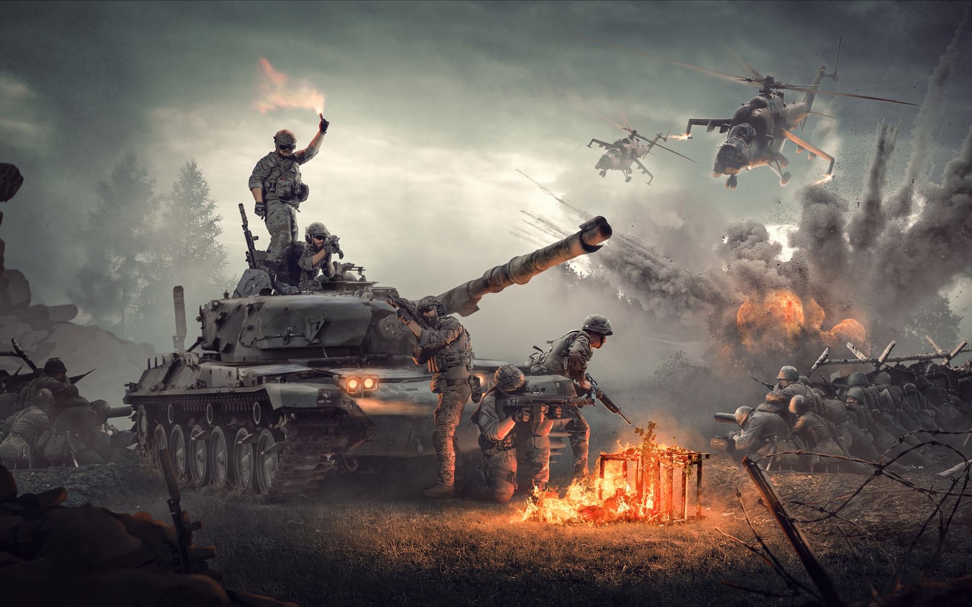 Army Wallpaper 4K, Tanks, Attack helicopter, War