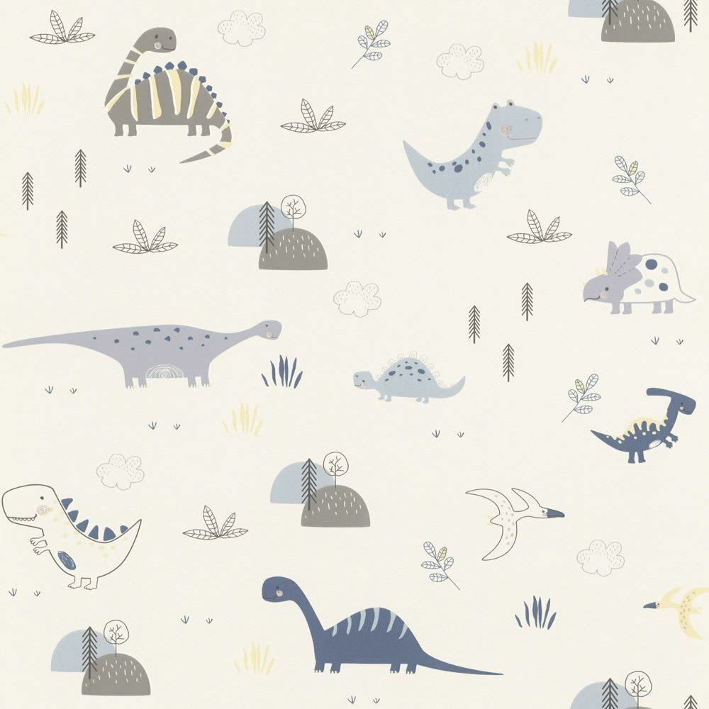Dinosaurs Wallpaper Kids Children's Room Nursery White Blue Grey Yellow Rasch 4000441249347