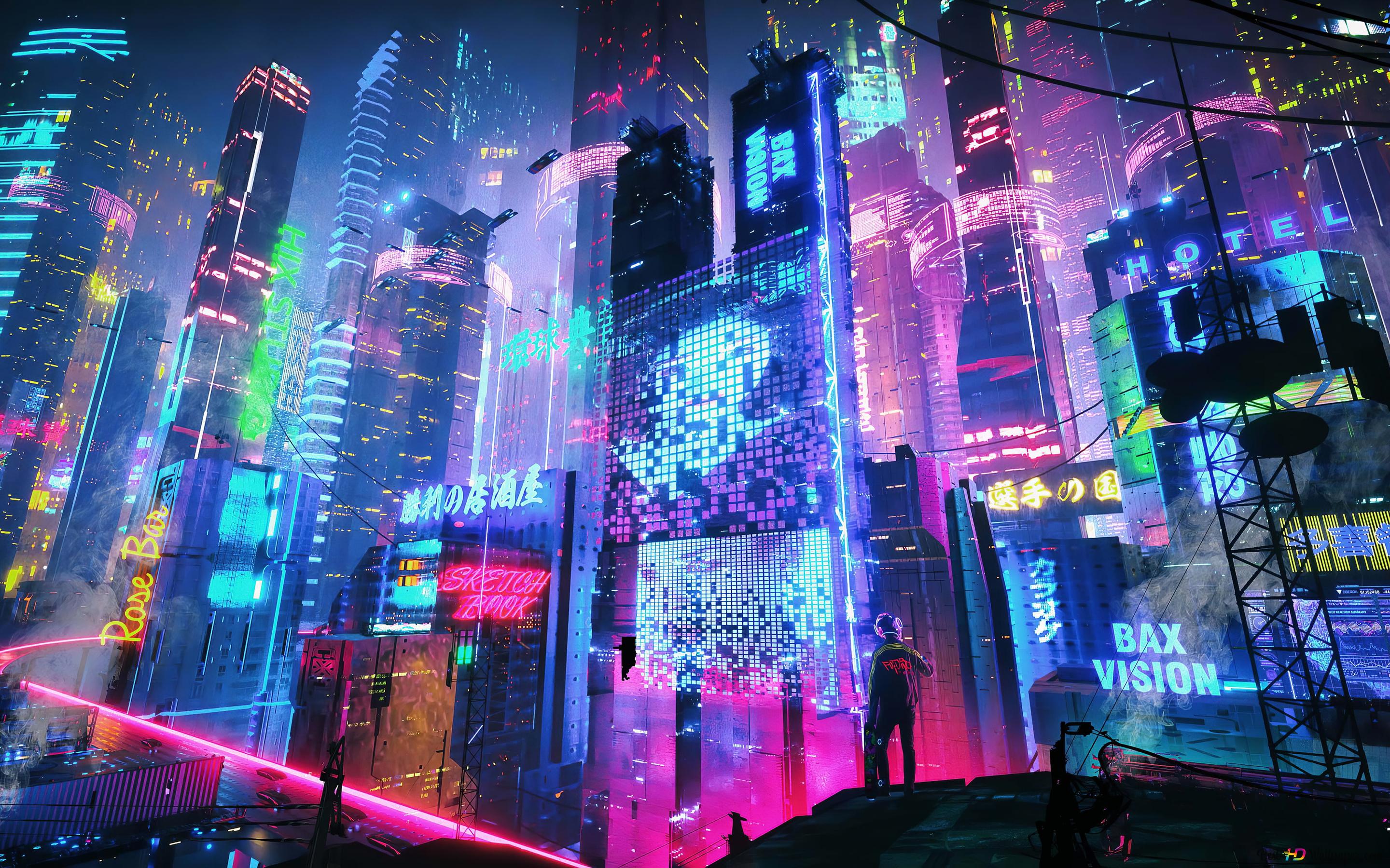 Colourful Neon City 4K wallpaper download