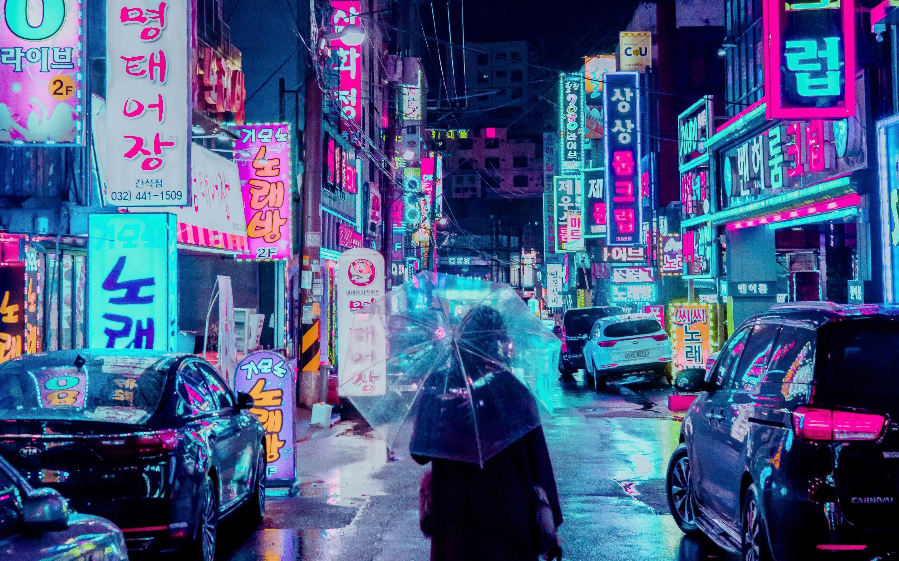 Wallpaper 4k night city, street, umbrella, man, signboards, lighting, neon 4k Wallpaper