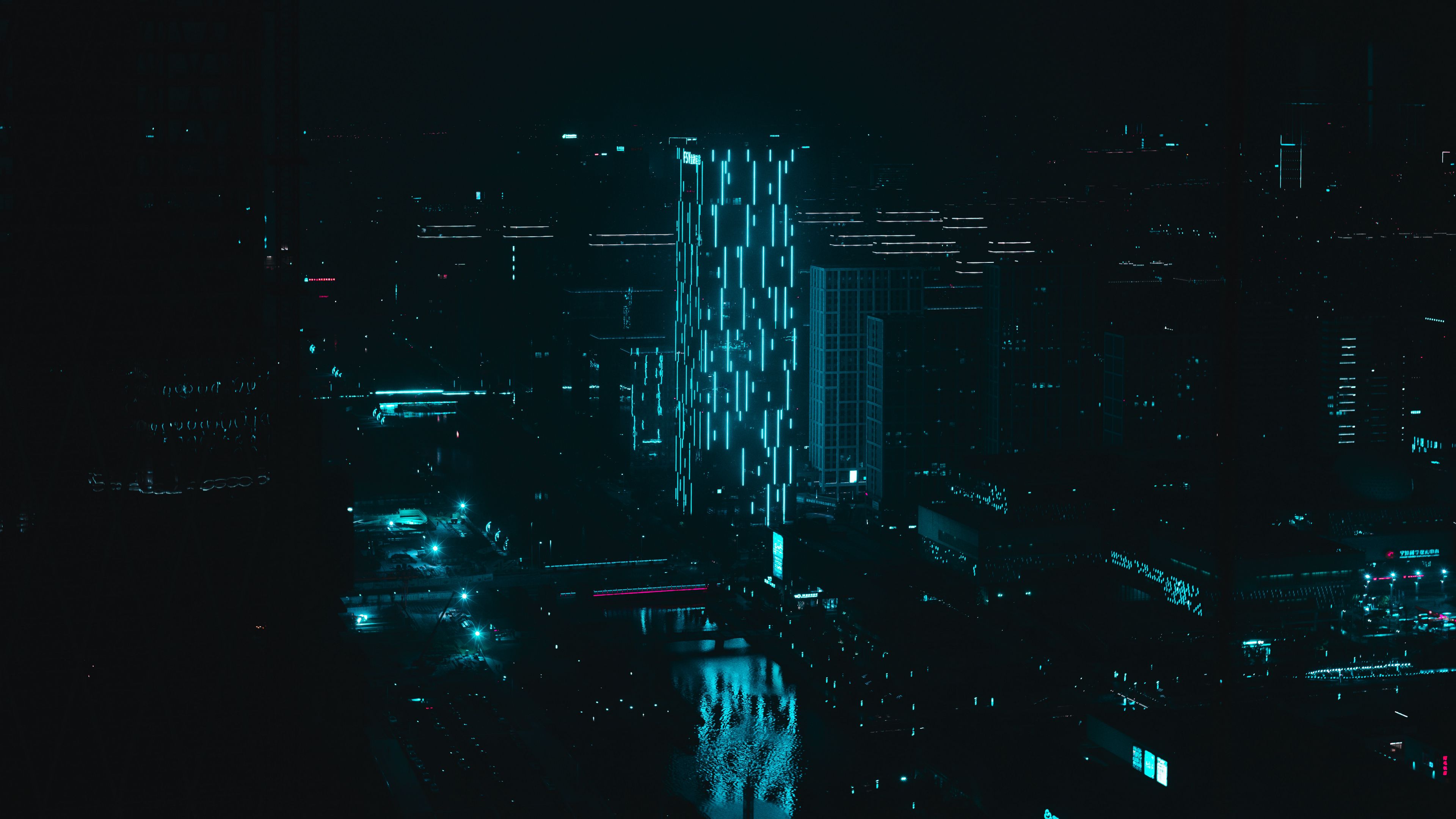 Wallpaper / night city, building, illumination, dark, neon, blue, 4k free download