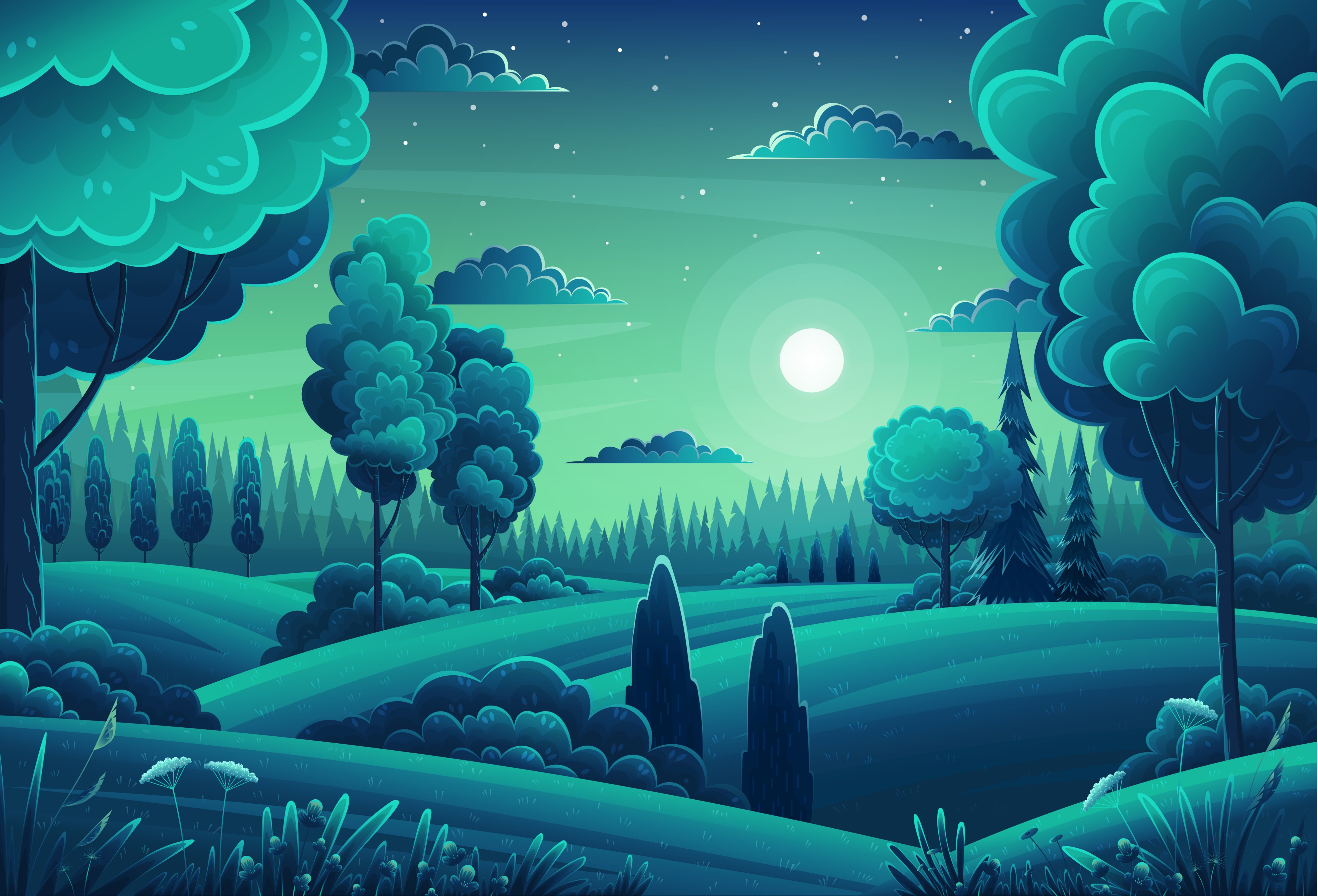 4K, cartoon, forest, green, flowers, sky, trees, artwork, night, landscape, stars, clouds, moonlight, digital art, vector, Moon, hills Gallery HD Wallpaper