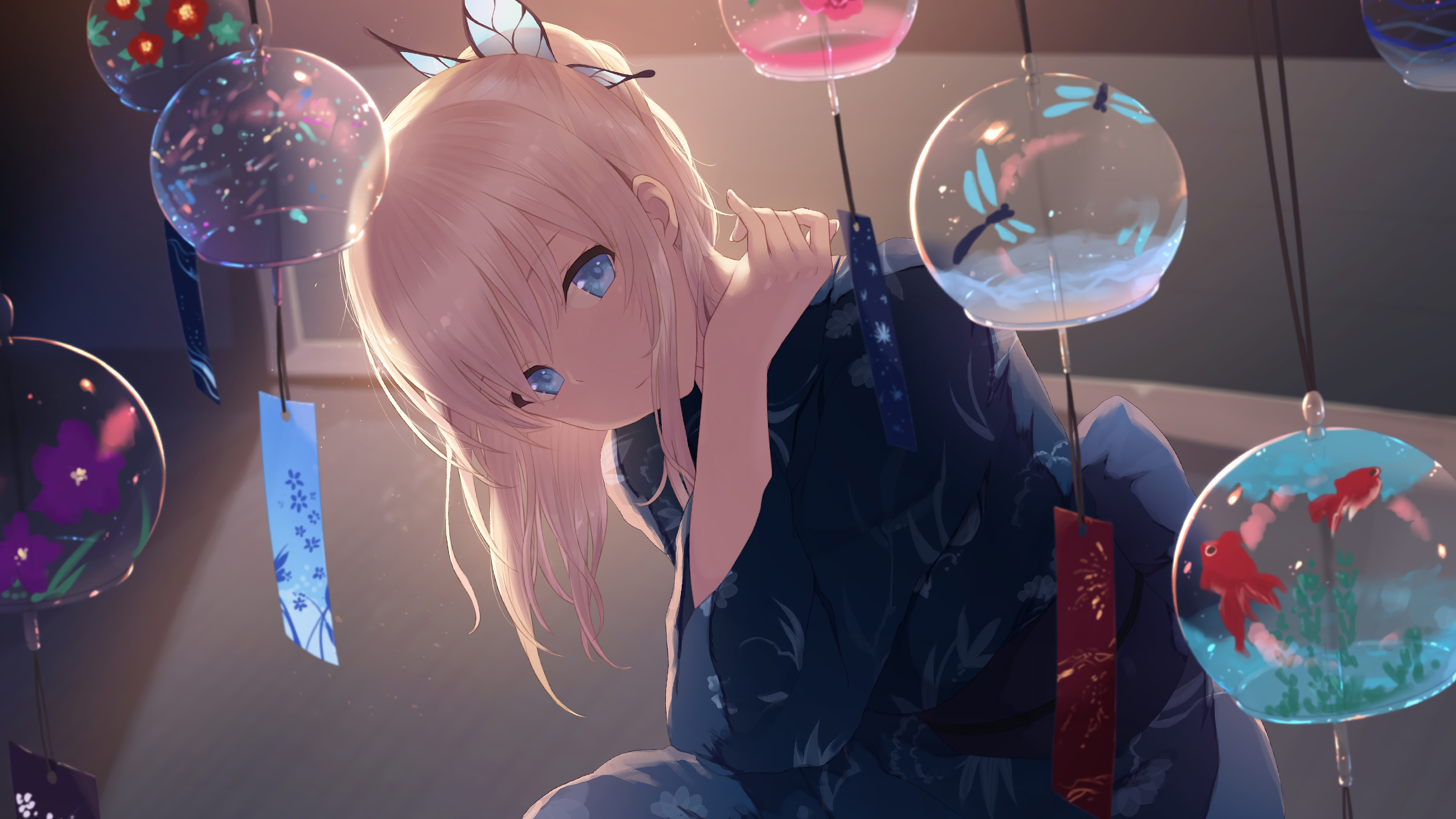 Anime, Girl, Blonde, Kimono, 4K Gallery HD Wallpaper