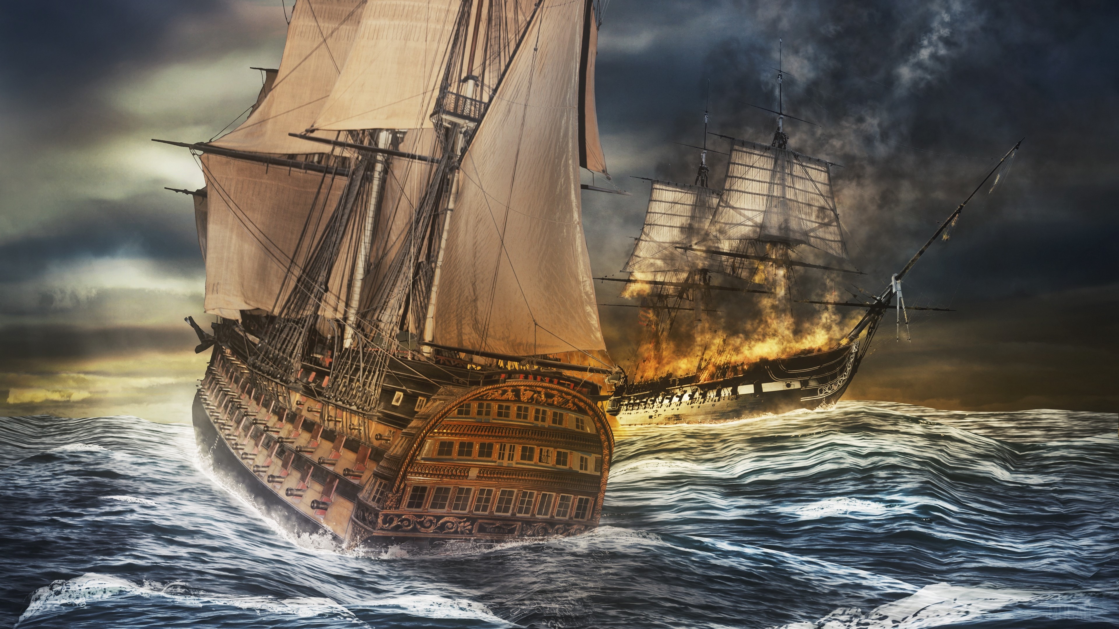 ships, sea, storm, sea battle, photohop 4k Gallery HD Wallpaper