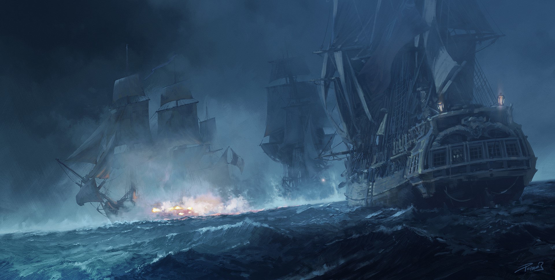 Wallpaper / 3D design, pirates, ship, ocean battle, cannons free download