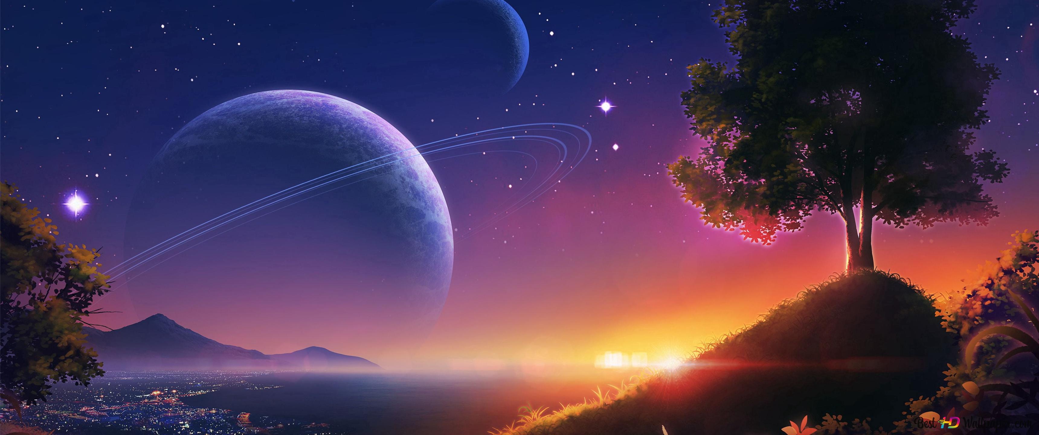 Magnificent view of nature and full moon and daylights together 4K wallpaper download