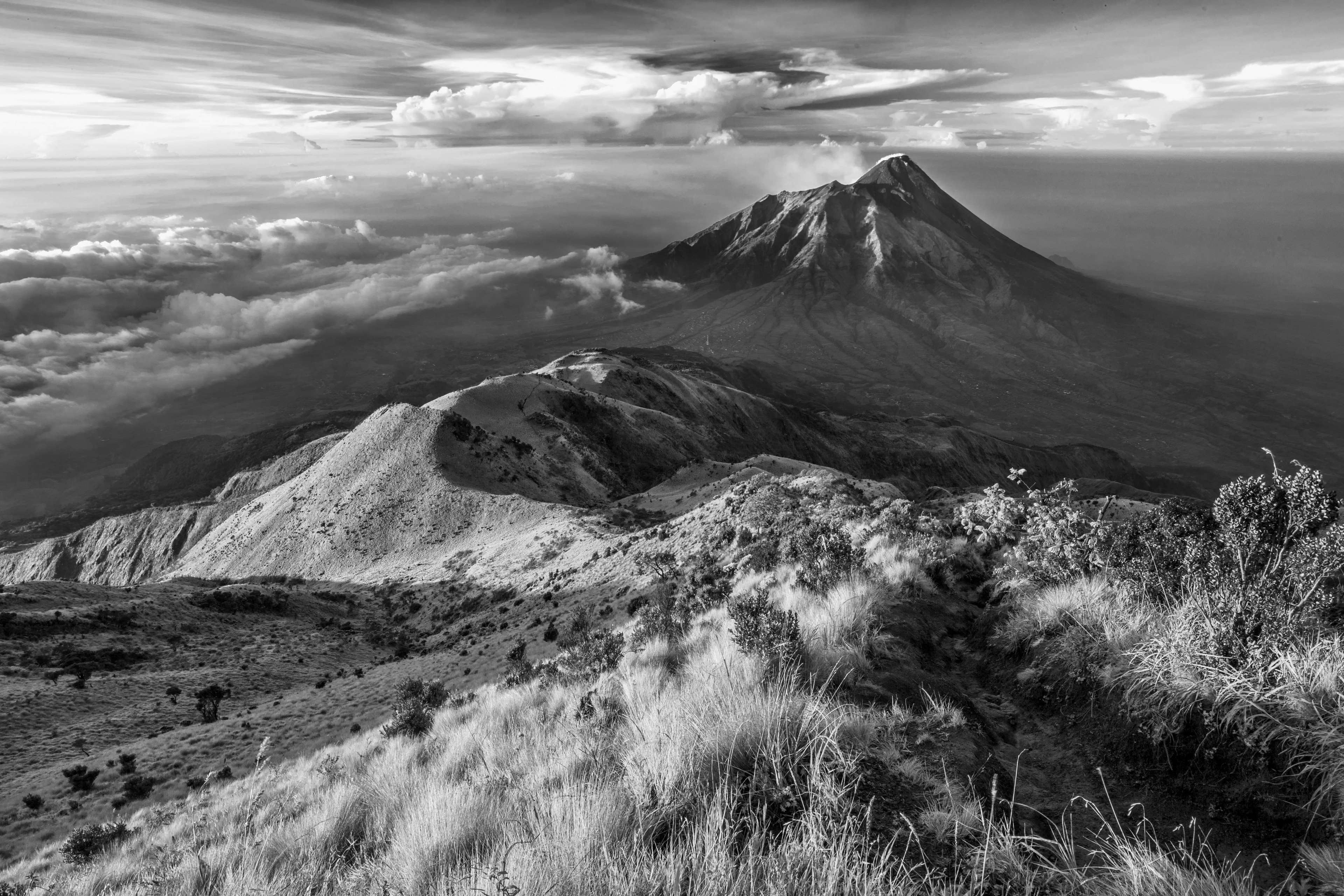 black and white, calm, clouds, cloudy, field, grass, hills, idyllic, mountain, nature, peaceful, quiet, scenery, scenic, sky, tranquil, volcano 4k wallpaper