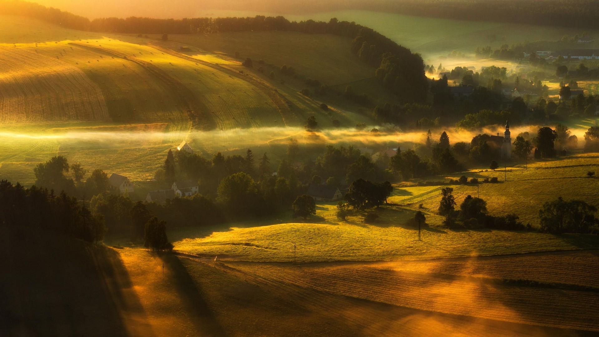 landscape, Nature, Valley, Sunrise, Mist, Morning, Villages, Trees, Field